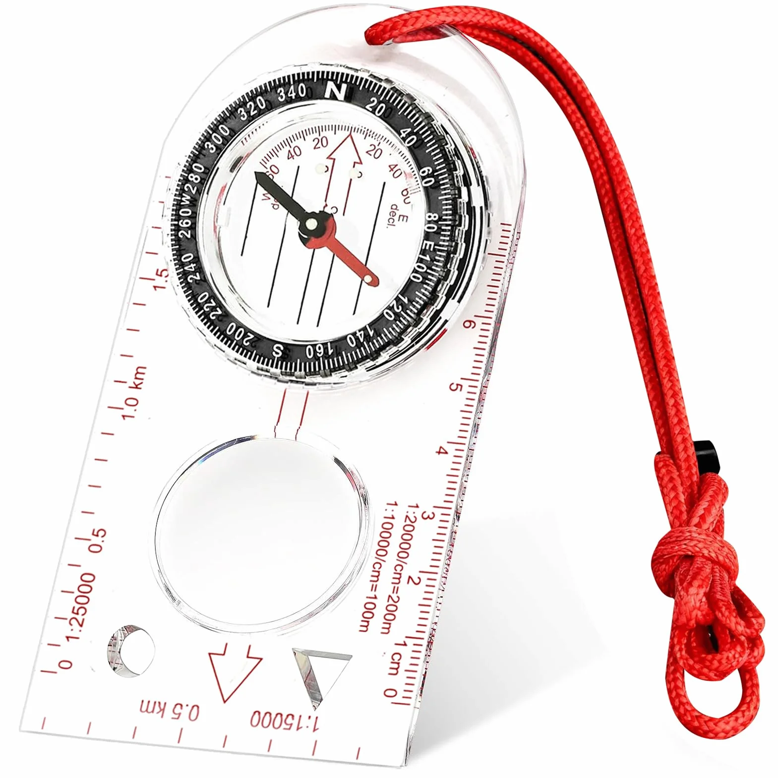 Boussole de Navigation avec Déclinaison Réglable, Corde Rouge Transparente pour Randonnée Camping Sport Plein Air