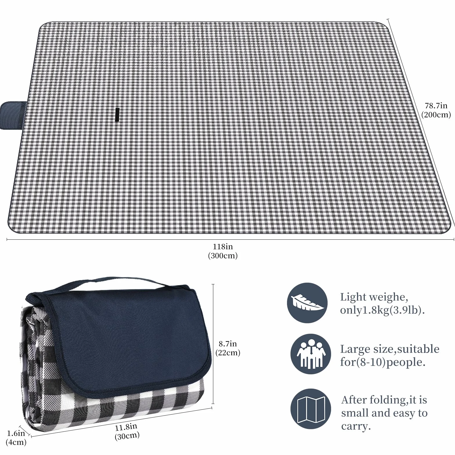 Grande couverture de pique-nique imperméable 200x300 cm pliable avec poignée lavable en machine (grille bleue)