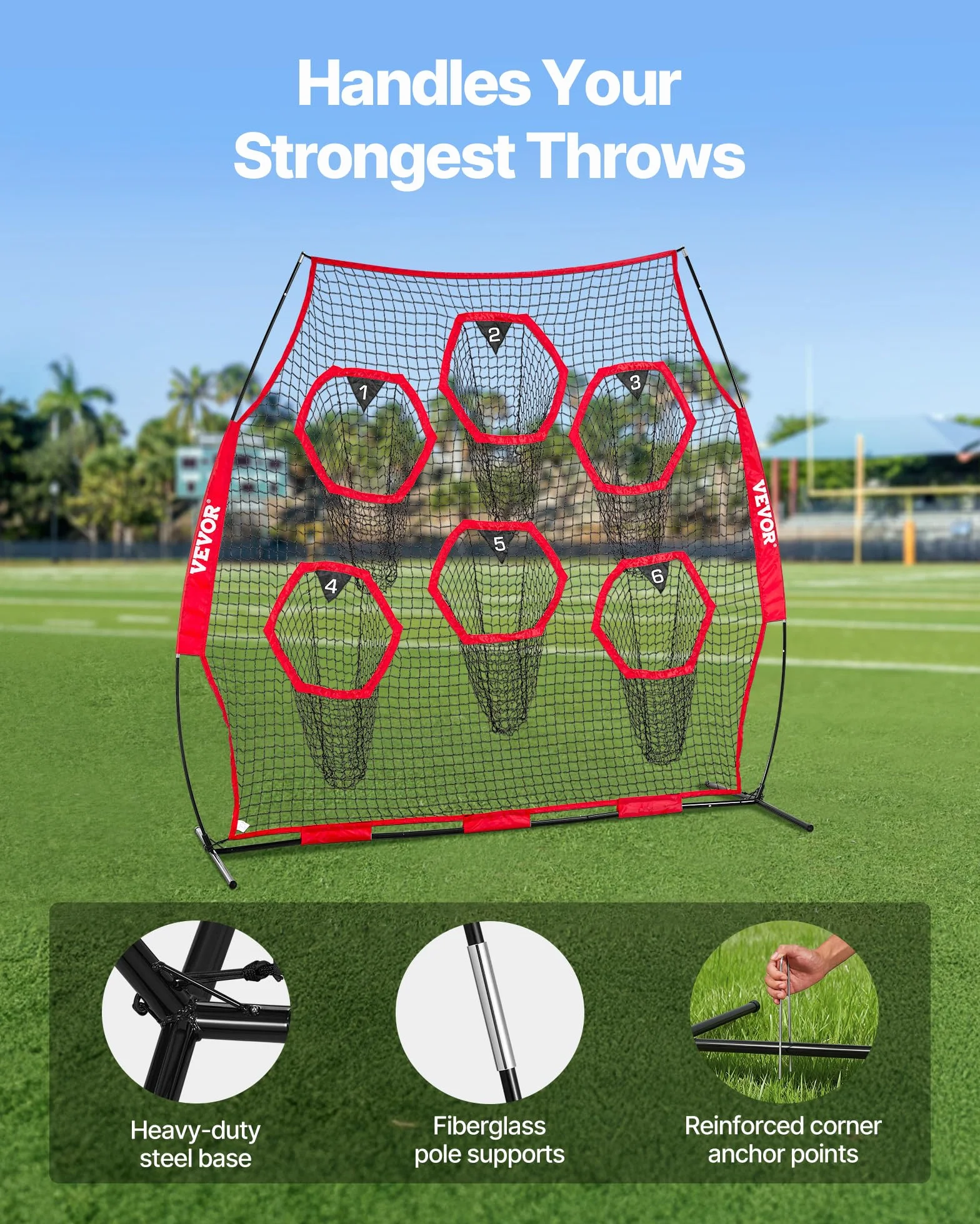 VEVOR Filet d'entraînement football 274 x 243 cm, filet lancer rugby 6 poches cibles, sans nœuds, rouge
