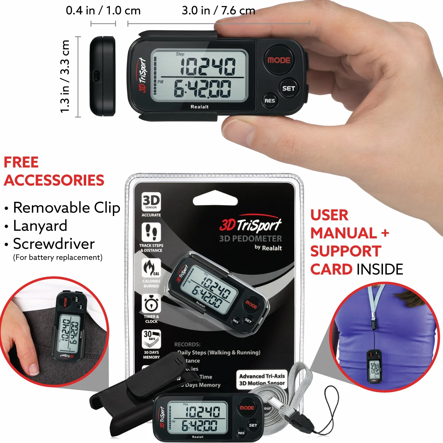 Realalt 3DTriSport Podomètre avec Clip, Mémoire 30 Jours, Compteur de Pas Précis, Distance Miles/km, Calories, Suivi Temps Exercice