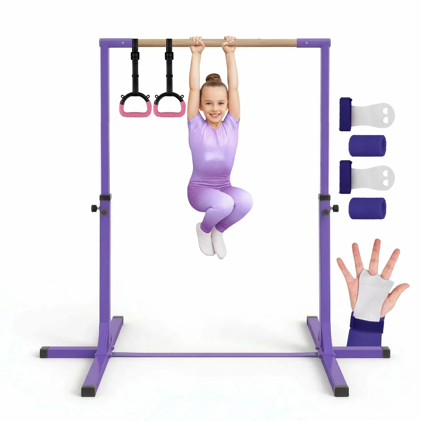 Barre Gymnastique Enfant Violette Gym Bar® 90-150 cm Acier Bois Hêtre Antidérapante Fitness Intérieur Extérieur