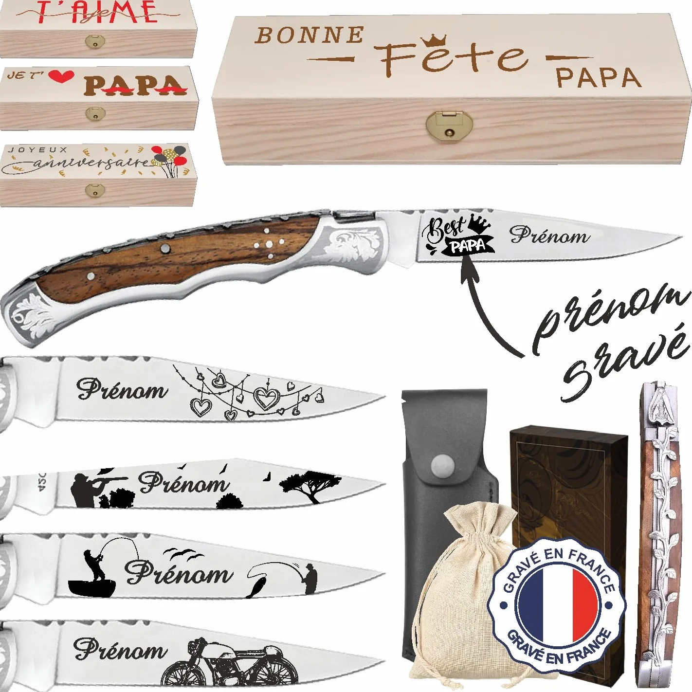 Couteau Laguiole Bougna personnalisé prénom gravé Lame 10.5cm Cadeau homme