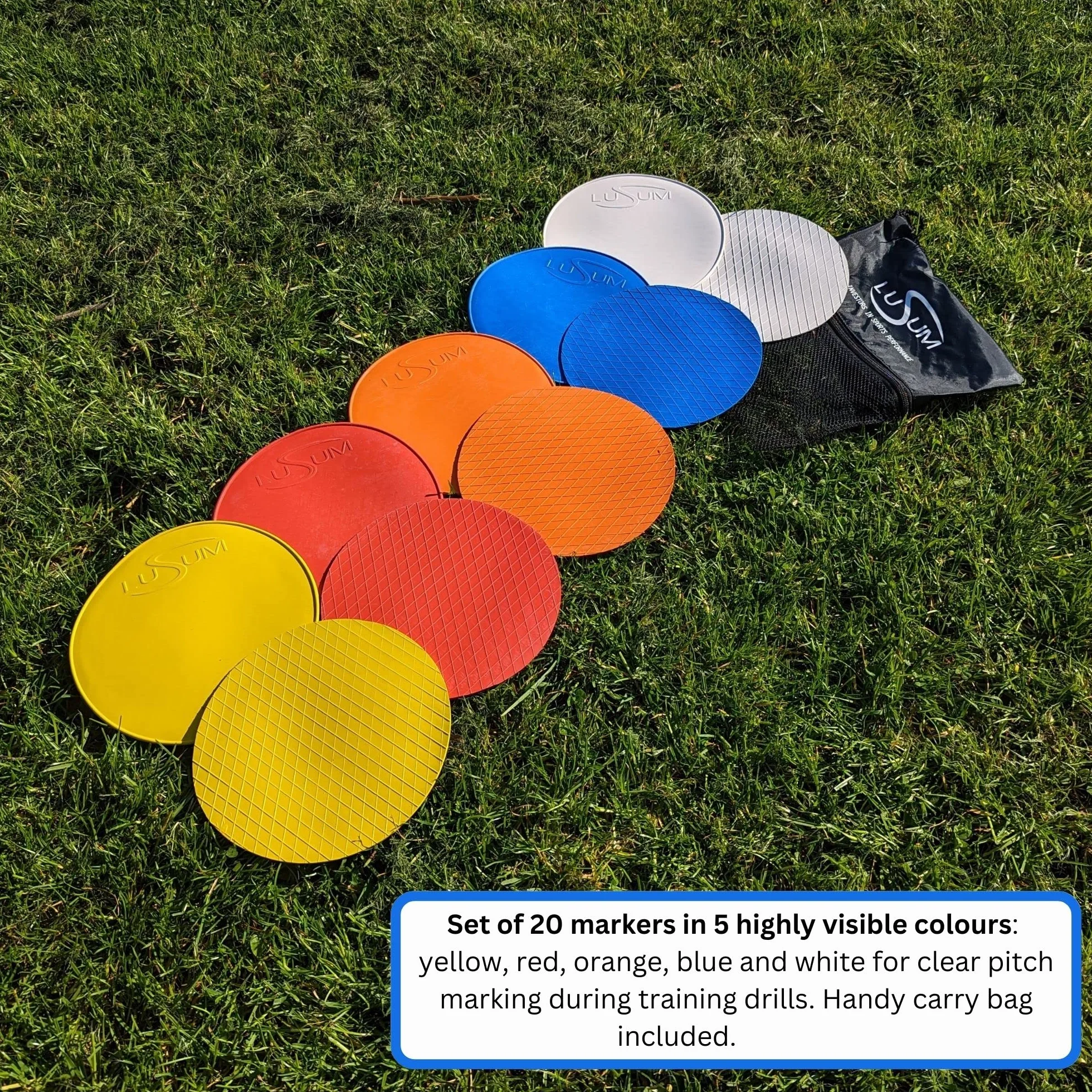 Lusum Lot de 20 disques de marquage en caoutchouc antidérapant taille réelle pour sports - Cônes plats entraînement football avec sac