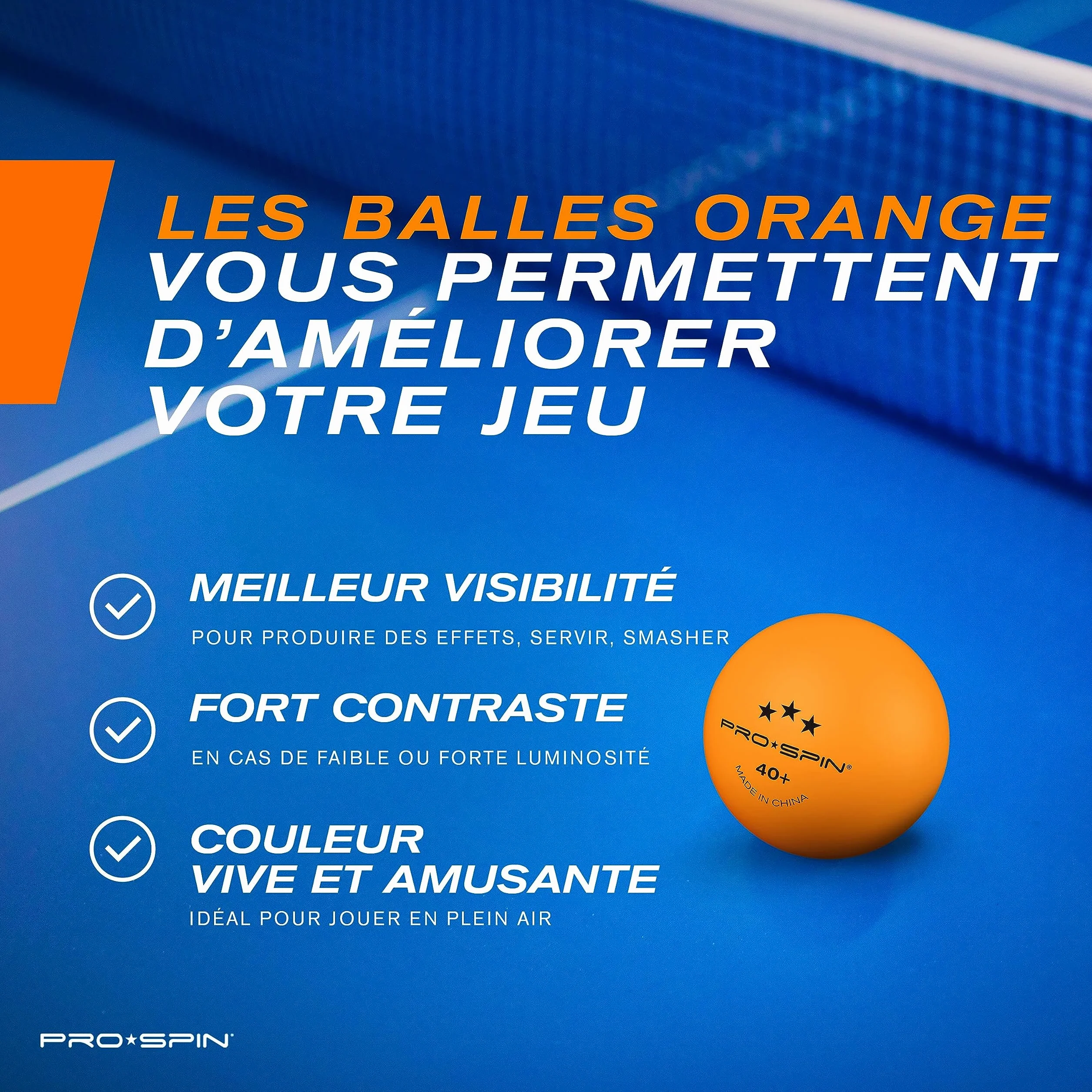 PRO-SPIN Balles de Ping-Pong 3 Étoiles Orange 40+ ABS Lot de Balles pour Tennis de Table Intérieur Extérieur