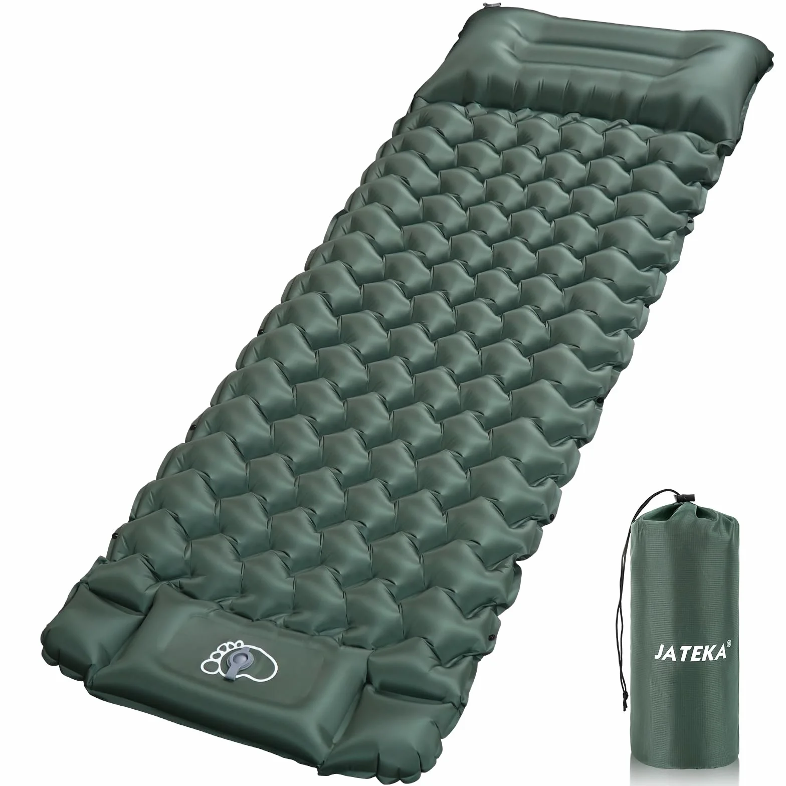 JATEKA Matelas Gonflable 1 Place Ultra Léger avec Pompe à Pied et Oreiller, Résistant à l'eau Portable Vert Militaire