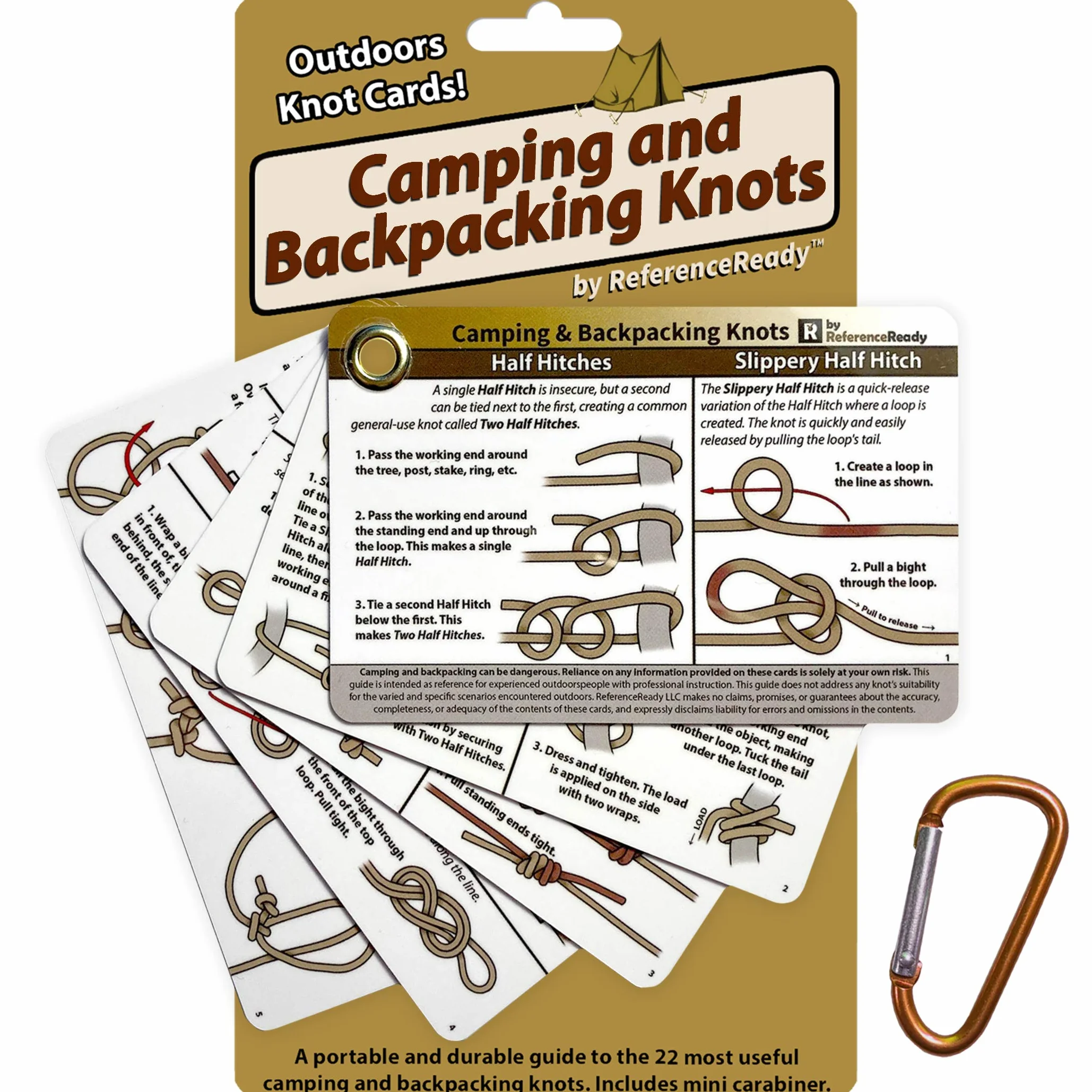 ReferenceReady Noeuds d'extérieur – Cartes de nouage étanches avec Mini Mousqueton – 22 nœuds de Corde pour Camping, Randonnée, Scoutisme
