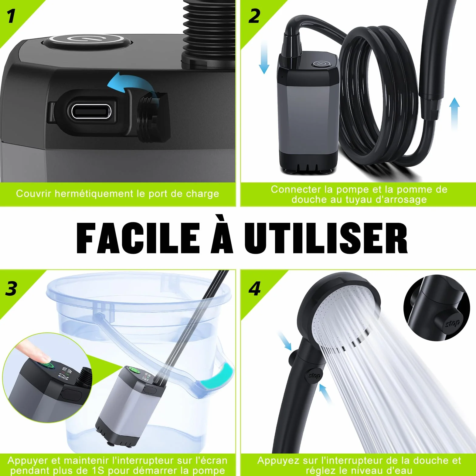Pompe de Douche Électrique Rechargeable Imperméable Kit Douche de Camping Portable avec Afficheur Intelligent Pomme de Douche 4 Modes