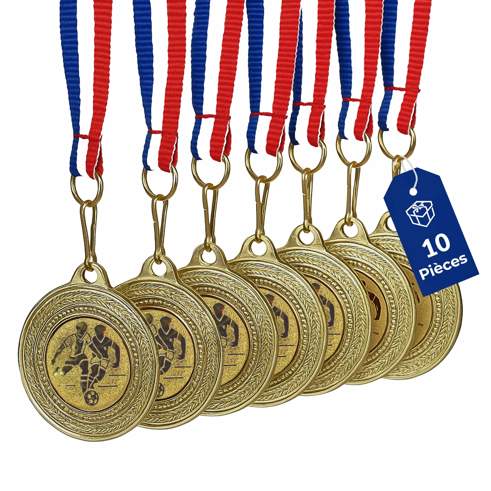 Médailles de Football dorées en métal Lot de 10 avec Ruban Bleu-Blanc-Rouge pour Enfants Clubs Tournois