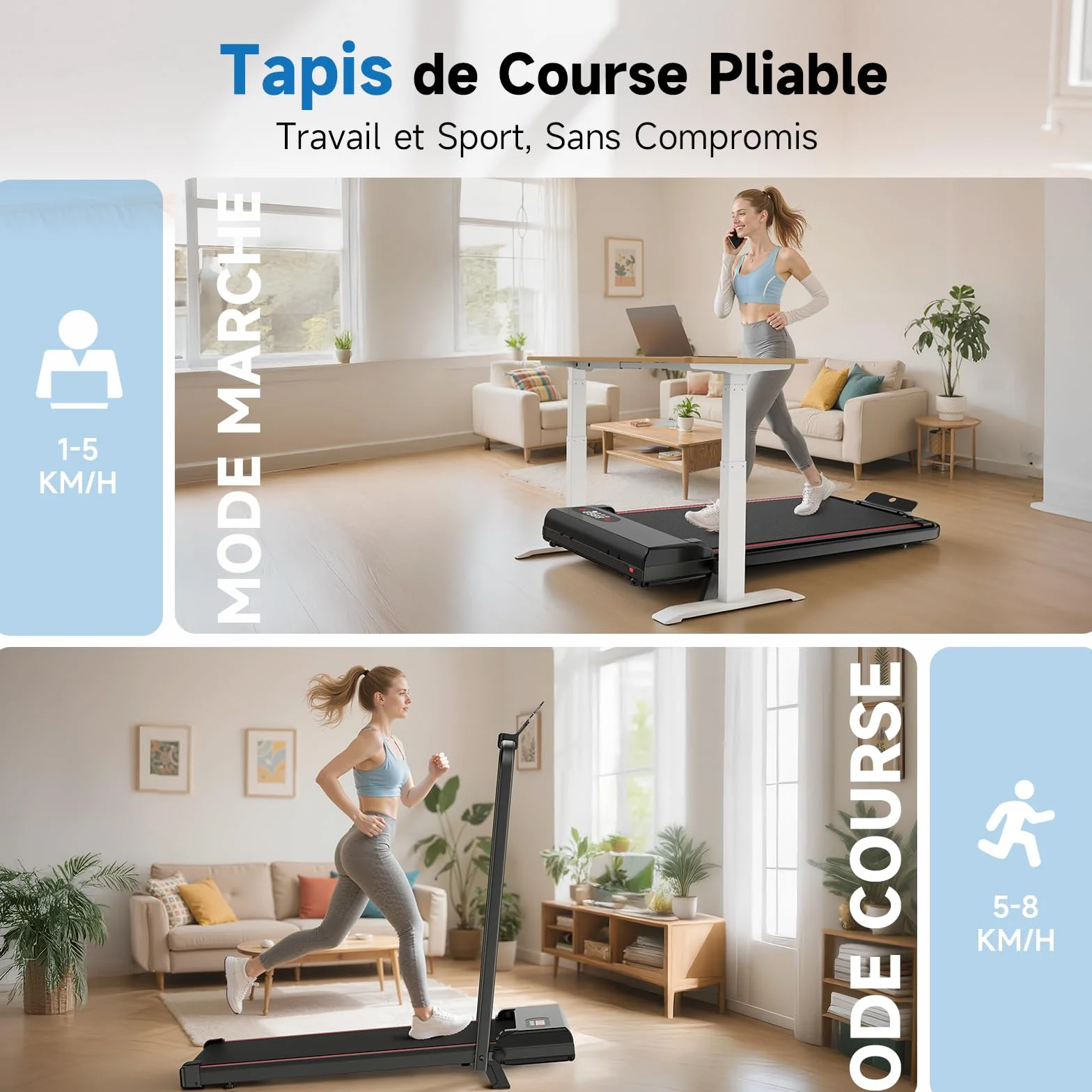 Tapis de Course Pliable avec Pente Réglable 7% – Tapis Roulant Électrique Silencieux 8 km/h, Moteur 2,5HP, Surface Large 40cm, Charge 130kg