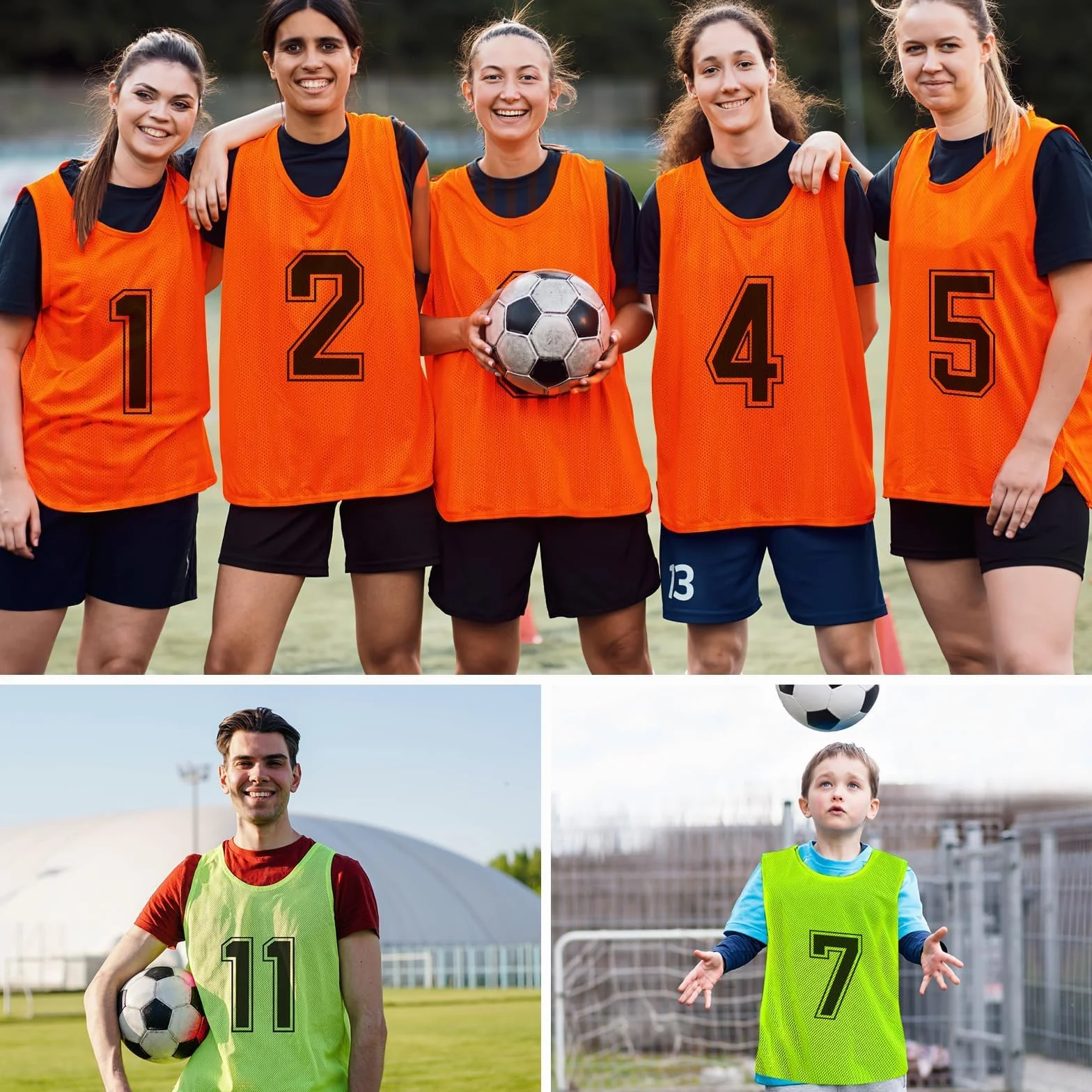 Lot de 24 Chasubles Enfant Numérotées – Gilets d'Entraînement en Maille pour Équipe Sportive, Orange & Vert