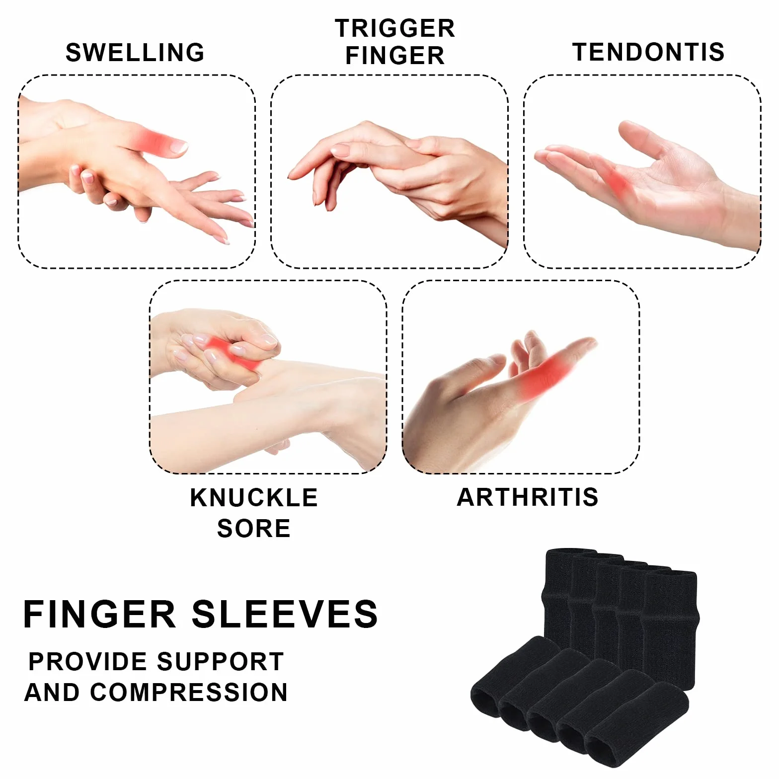 Yolev 10 Pièces Protège Doigts Elastiques Soutien Compression pour Soulager la Douleur Arthrite