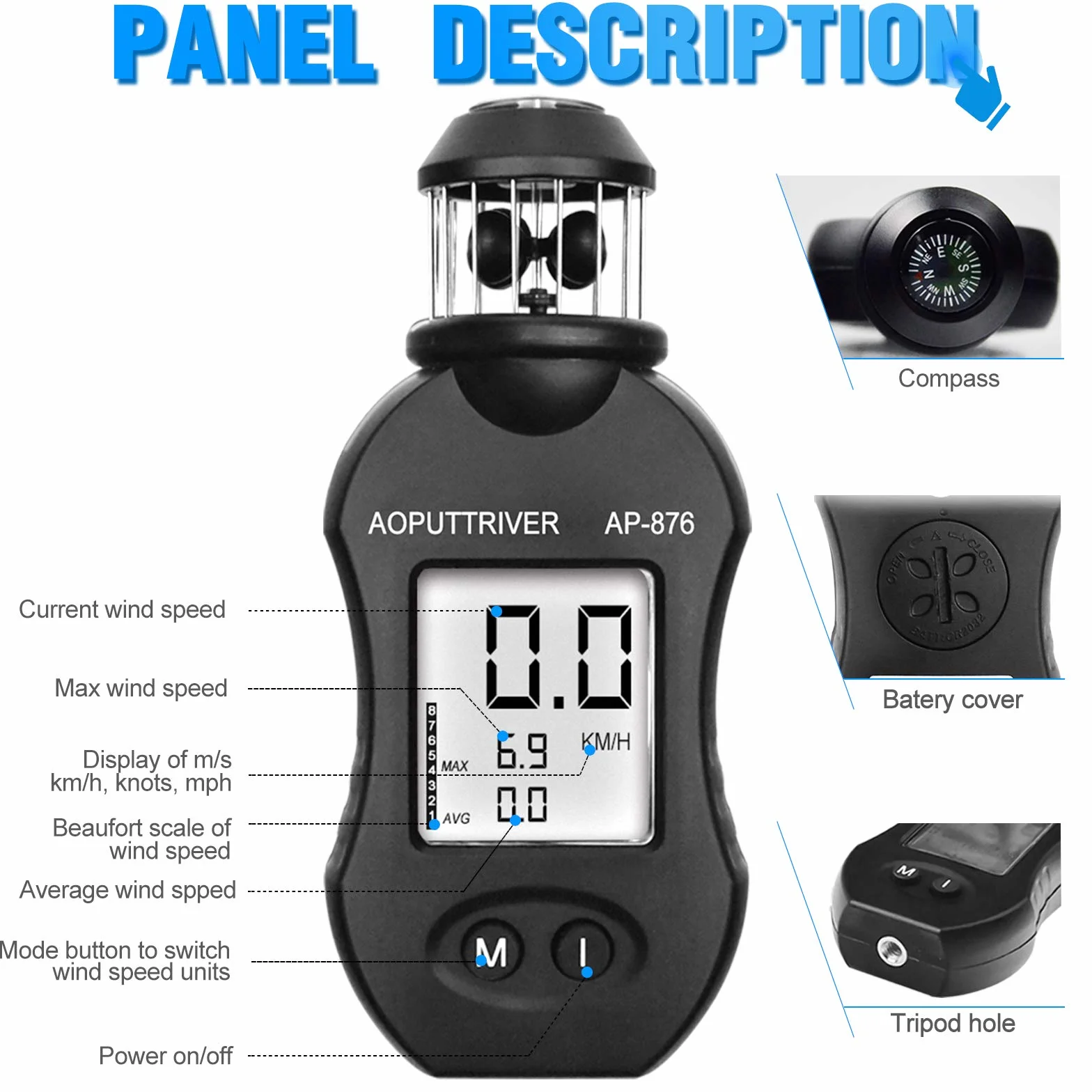 Anémomètre Numérique AP-876 Portable Compteur de Vitesse du Vent pour HVAC