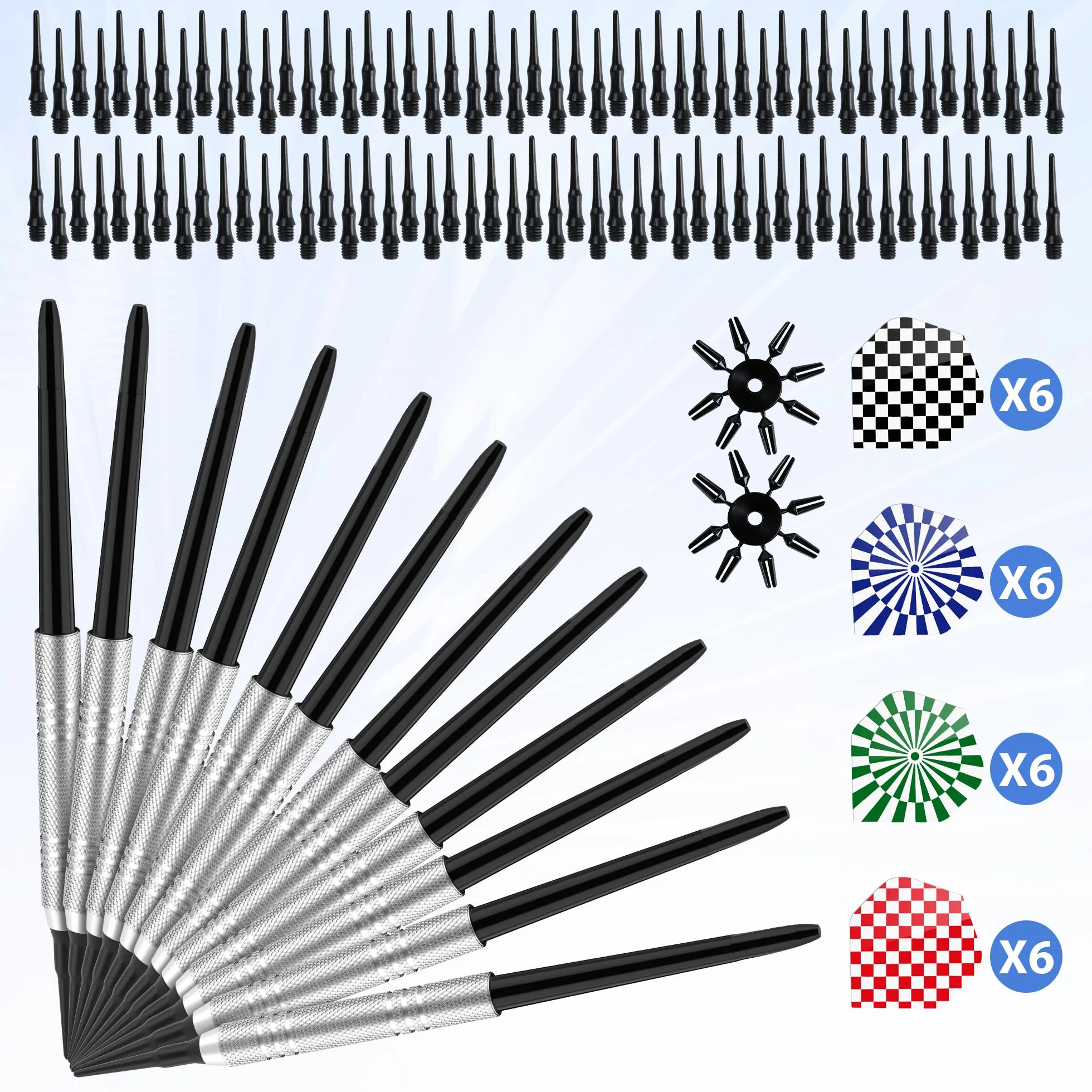 Elalove 12 Fléchettes à Pointe Plastique 14g avec 100 Embouts et 24 Ailettes - Set Professionnel pour Cibles Électroniques