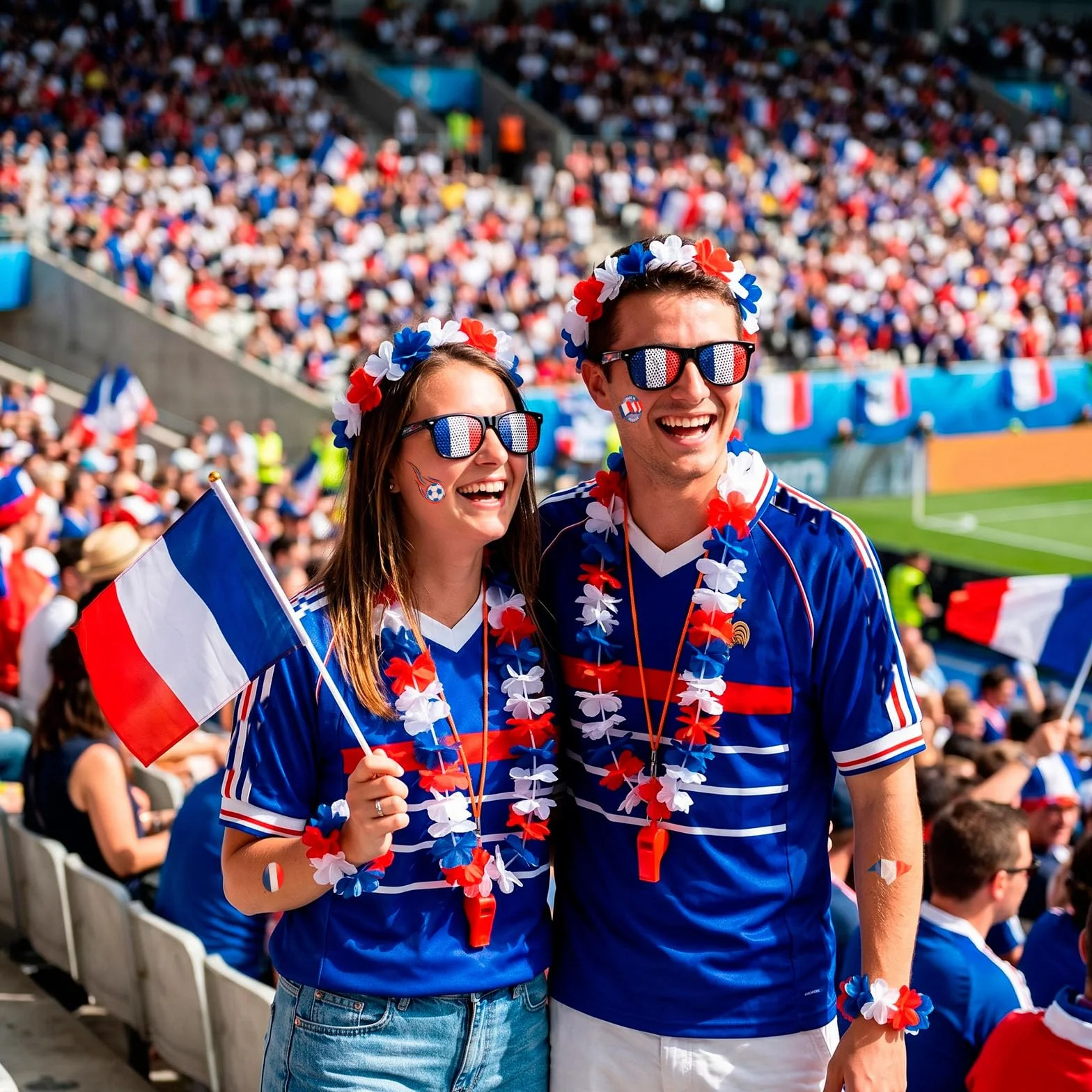 Kit Supporter France 2026 - Accessoires Bleu Blanc Rouge avec Lunettes Drapeau, Sifflet, Drapeaux, Stickers et Lei