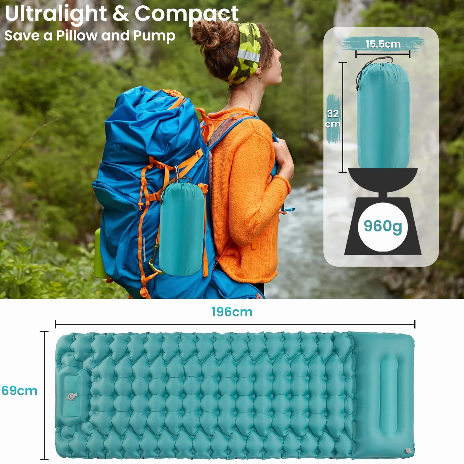 Satisfure Matelas de camping auto-gonflant ultra léger avec pompe à pieds