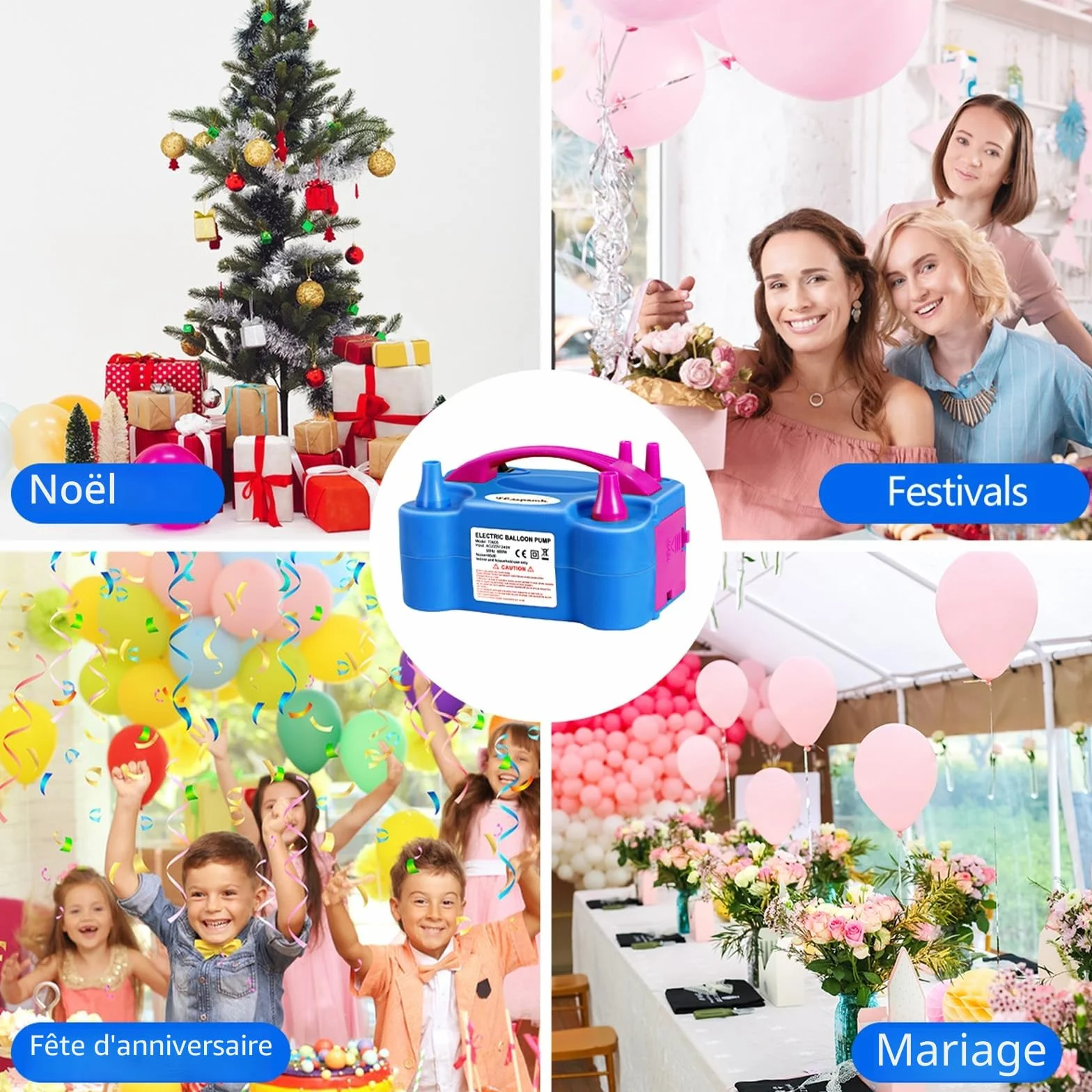 Pompe à Ballons électrique 600W, Gonfleur Ballon Portable avec Plusieurs Buses, 2 Modes