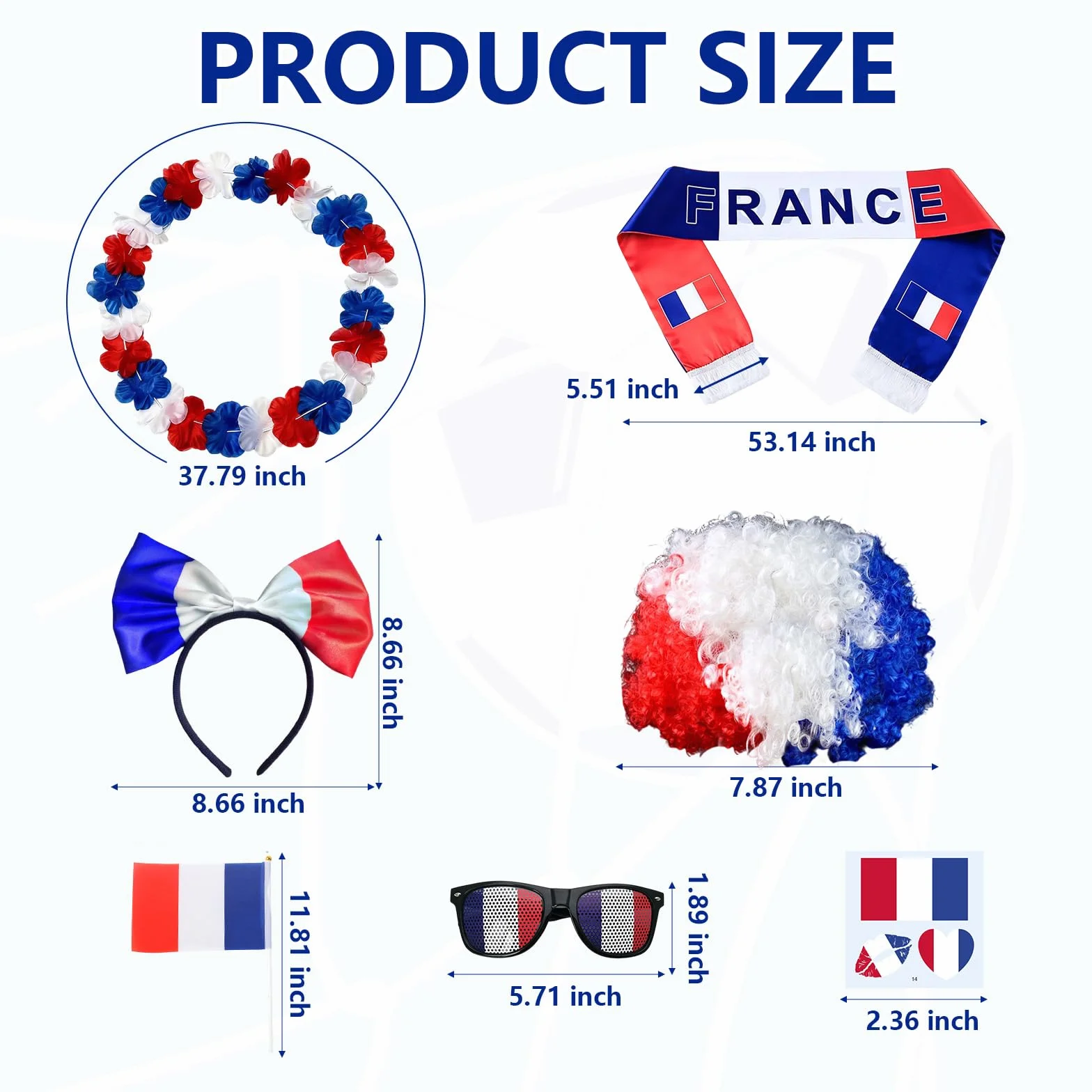 Kit Supporter France Coupe du Monde 2026 Football Accessoire Bandeau Écharpe Perruque Tatouages Temporaires Lunettes Collier de Fleurs Drapeau à Main