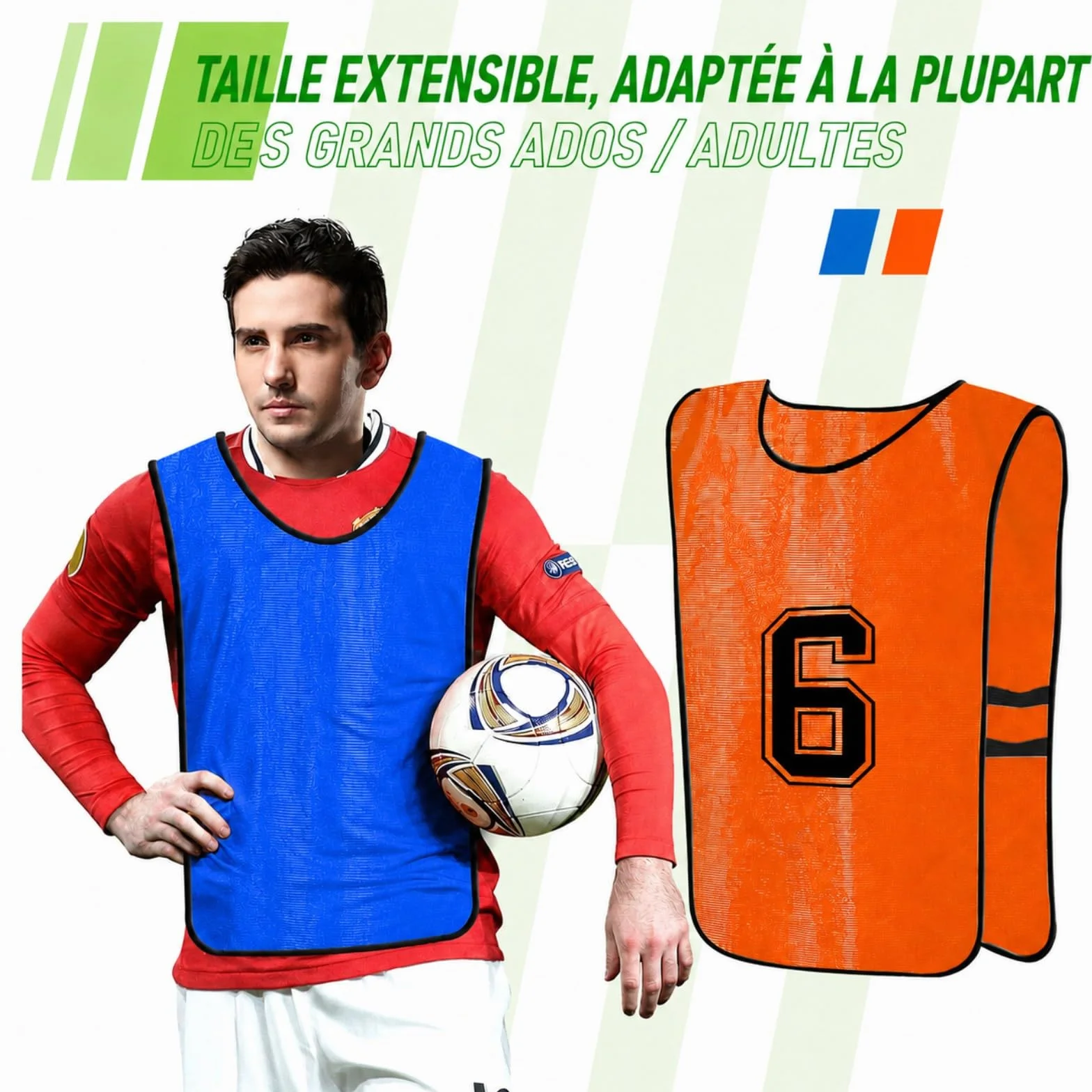 Lot de 12 Chasubles de Football Réversibles Numérotées pour Adultes – Gilets d’Entraînement Respirants – Taille XL – Orange/Bleu