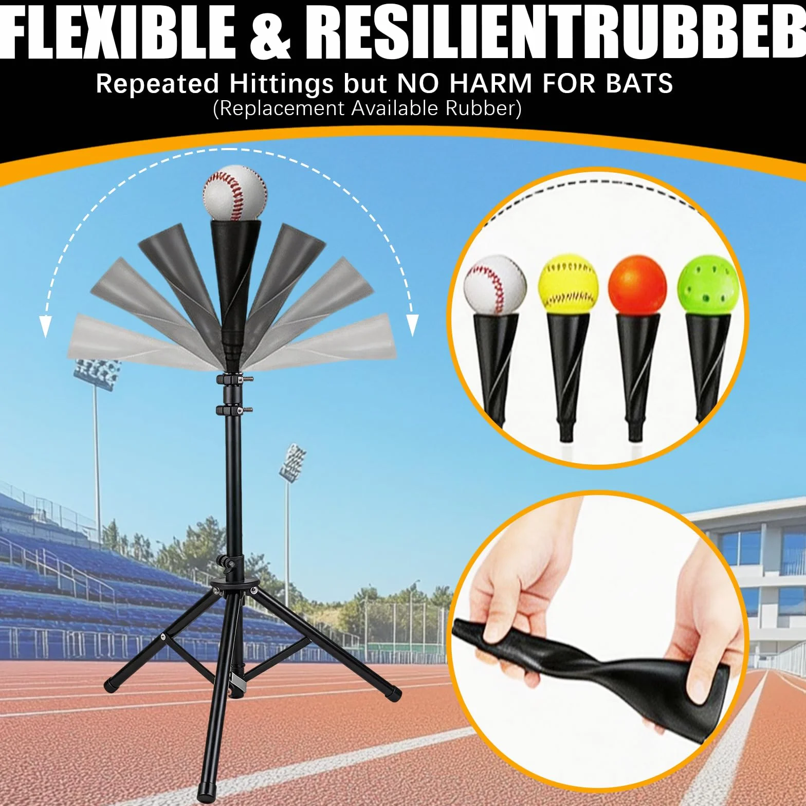 BRGD Noir Tee de Baseball avec Trépied, T-Shirt Portable avec Sac Transport, H : 72-121cm