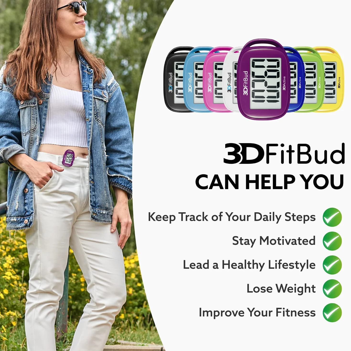 3DFitBud Podomètre de Marche 3D avec Clip et Cordon Grand Écran A420S