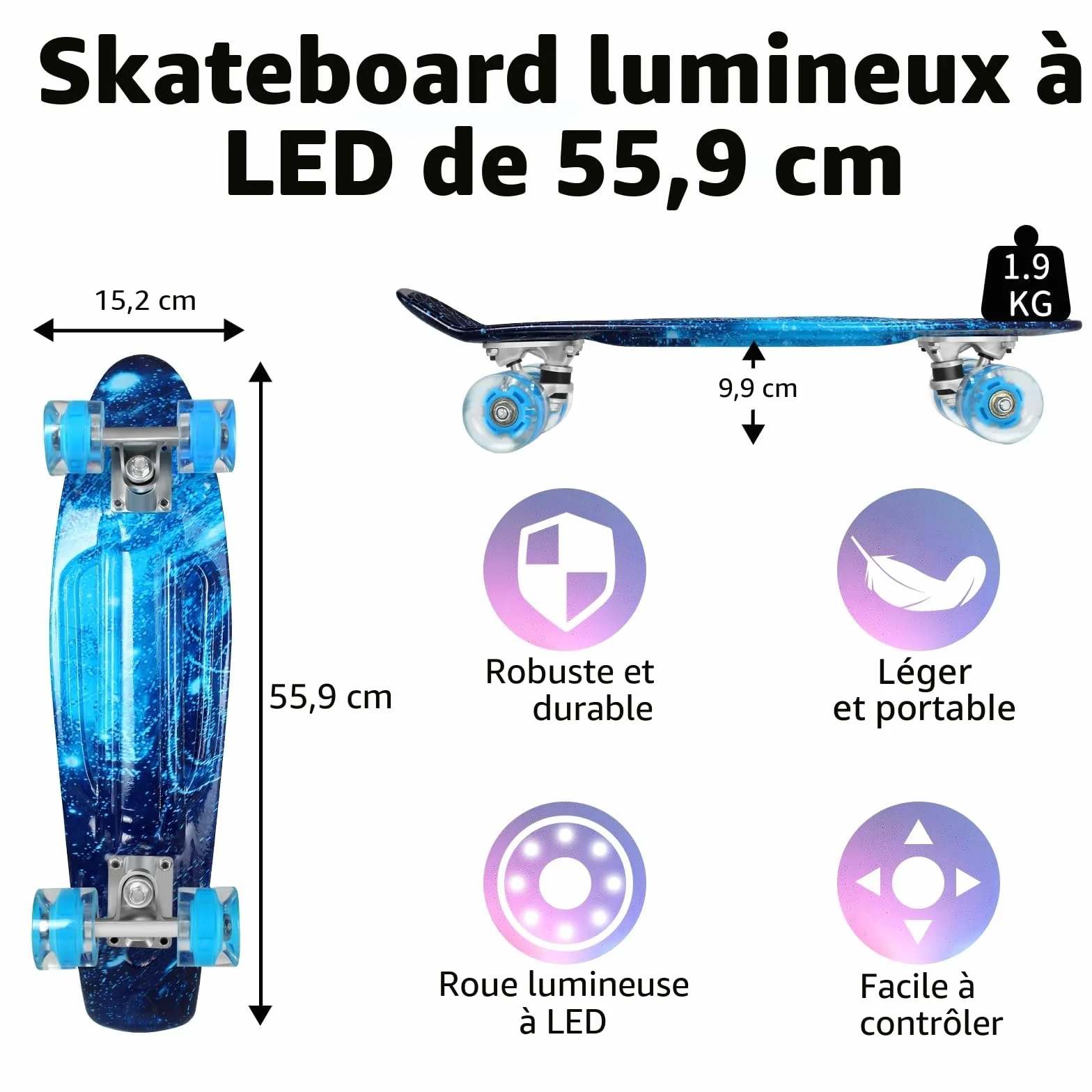 BELEEV Mini Cruiser Skateboard Complet 56cm Roues Lumineuses LED Enfants Adolescents Adultes