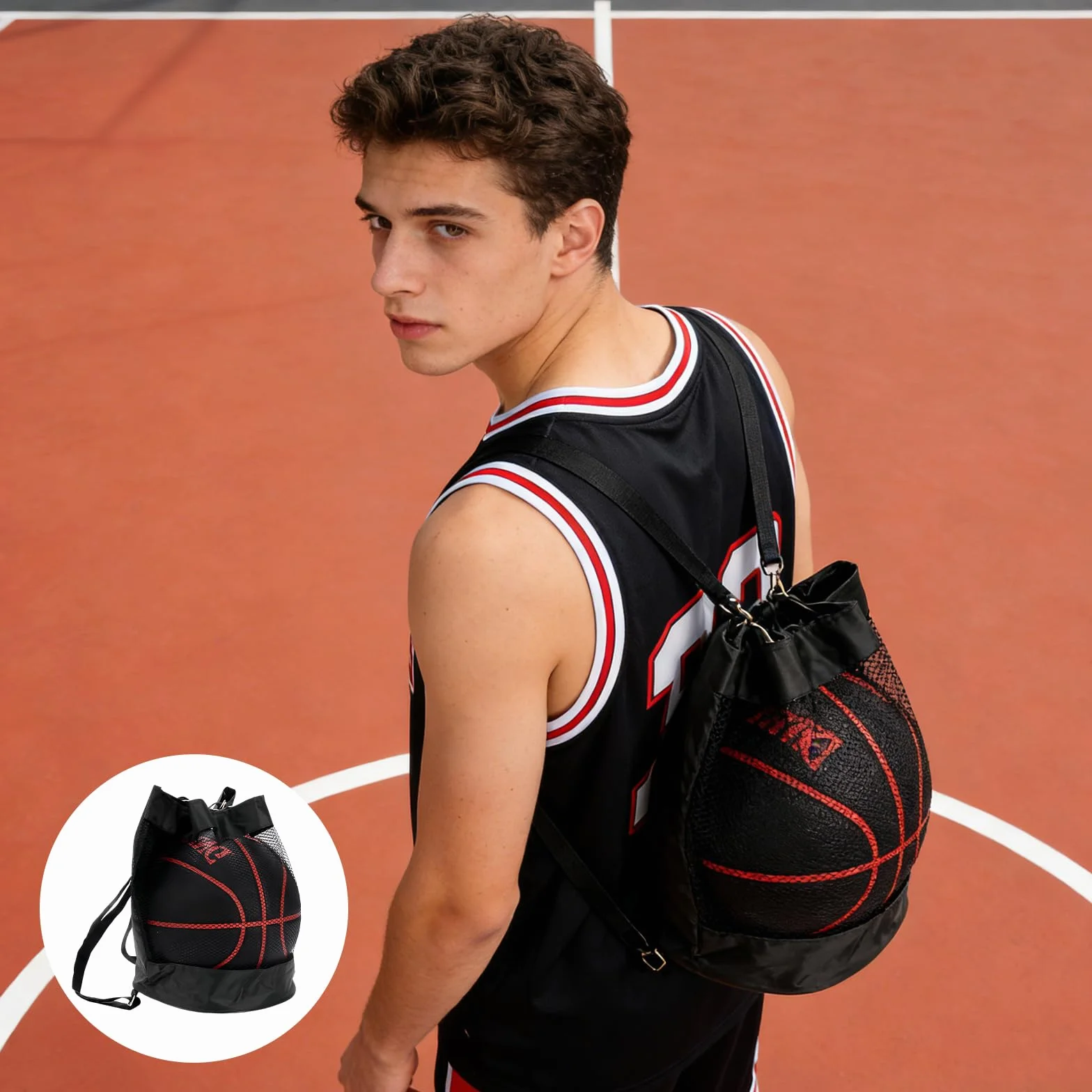 Lot de 2 sacs de basket-ball - Sac de ballon avec cordon de serrage - Sac en filet portable grande capacité