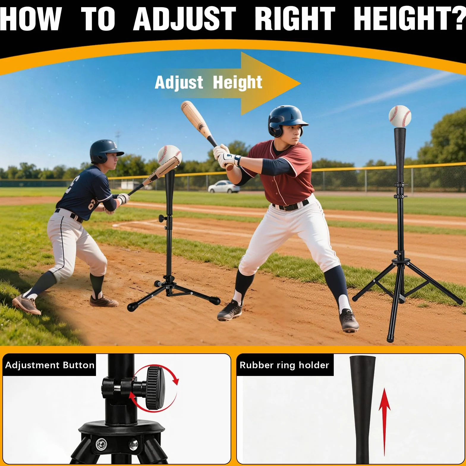 BRGD Noir Tee de Baseball avec Trépied, T-Shirt Portable avec Sac Transport, H : 72-121cm