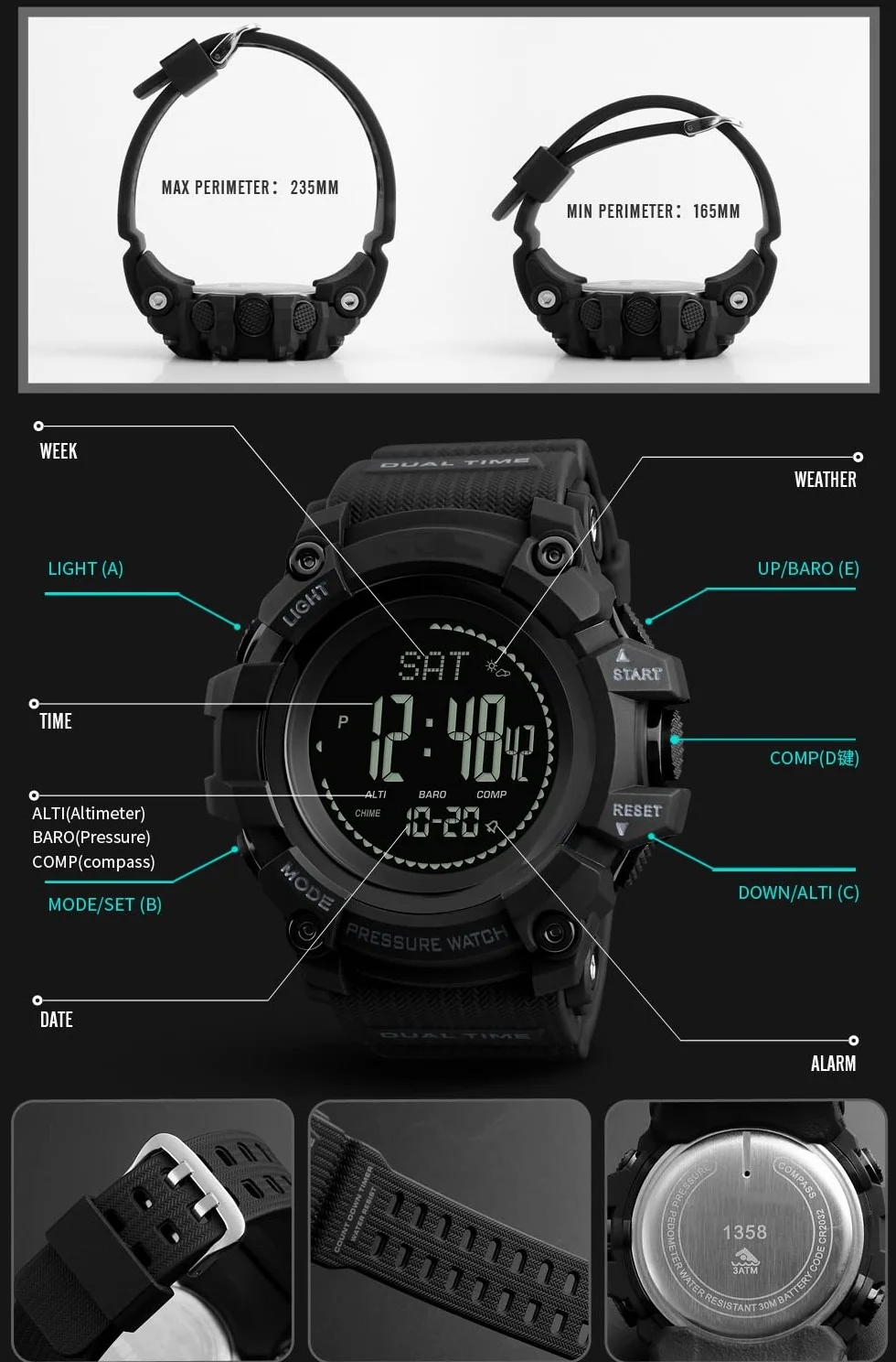 Montre Homme Outdoor Sport Digital Multifonctionnelle Plastique Caoutchouc Bracelet Noir Podomètre Altimètre Baromètre Thermomètre