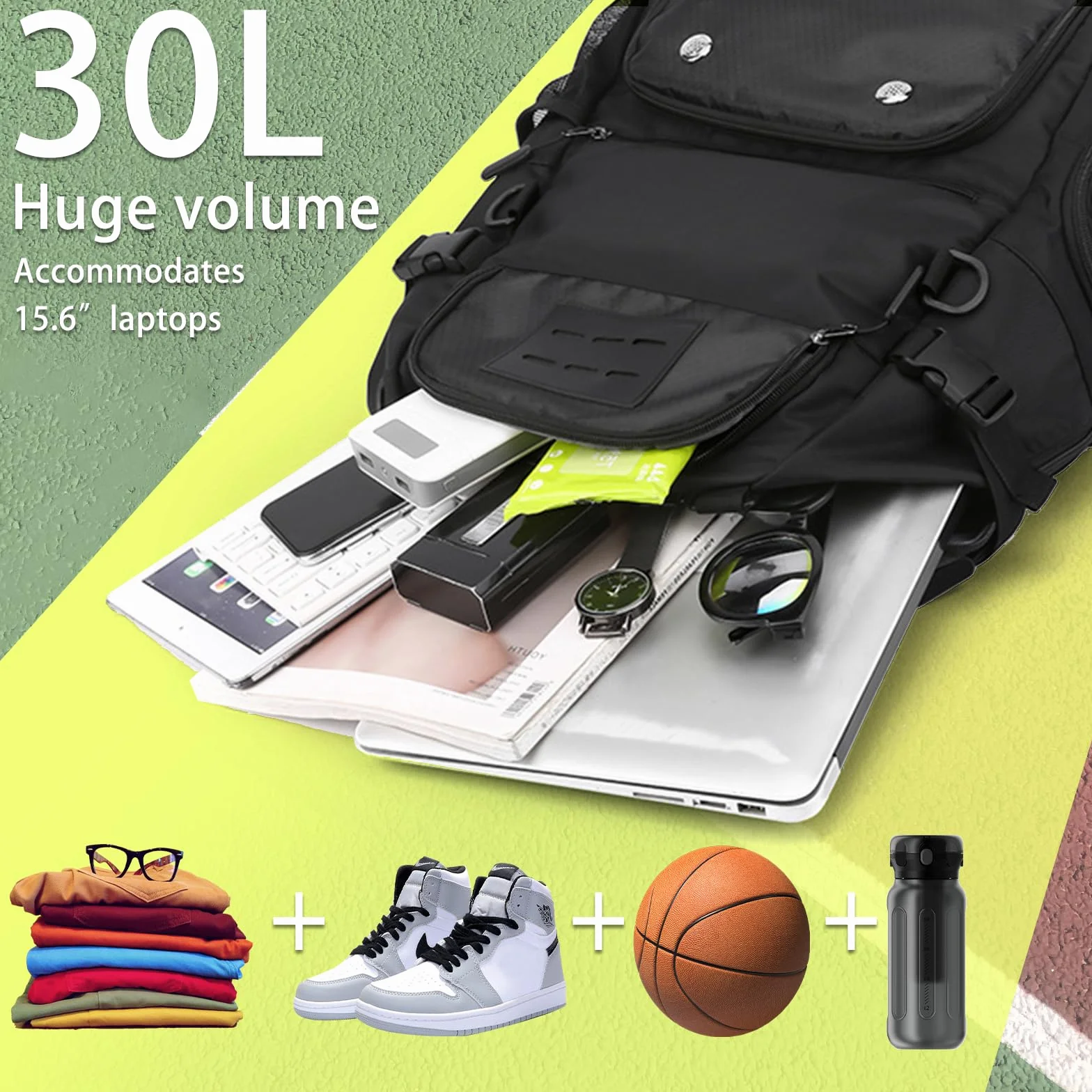 Sac à Dos de Basket-Ball 30L avec Compartiment Ballon et Chaussures Noir