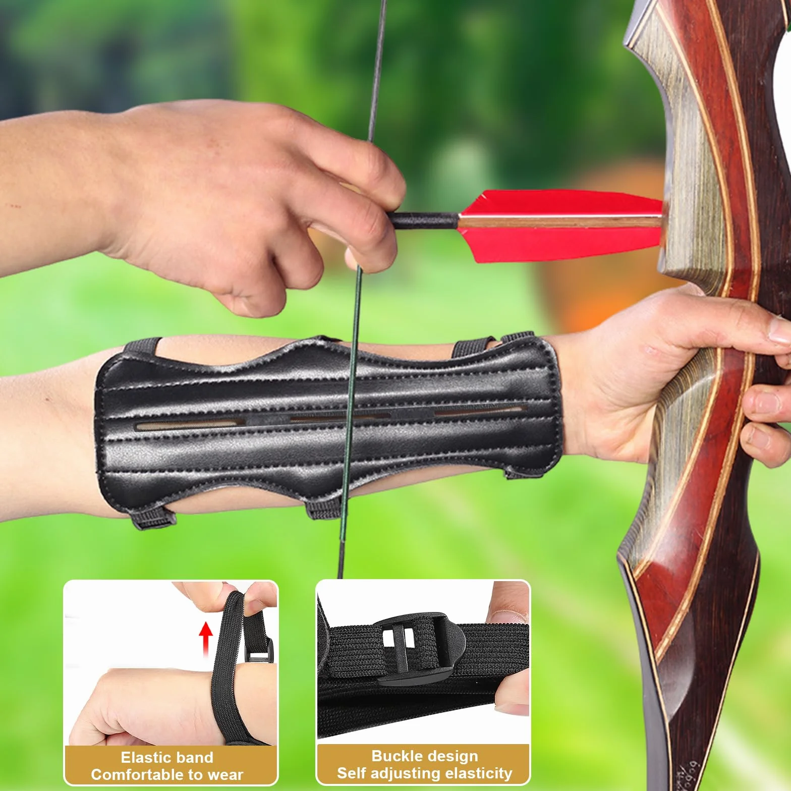 Set Protège Bras de Tir à l'Arc en Cuir PU Garde de Bras Noir Protection d'Avant-Bras avec Sangles Réglable et Protège Doigts pour Arc Classique Arc Composé