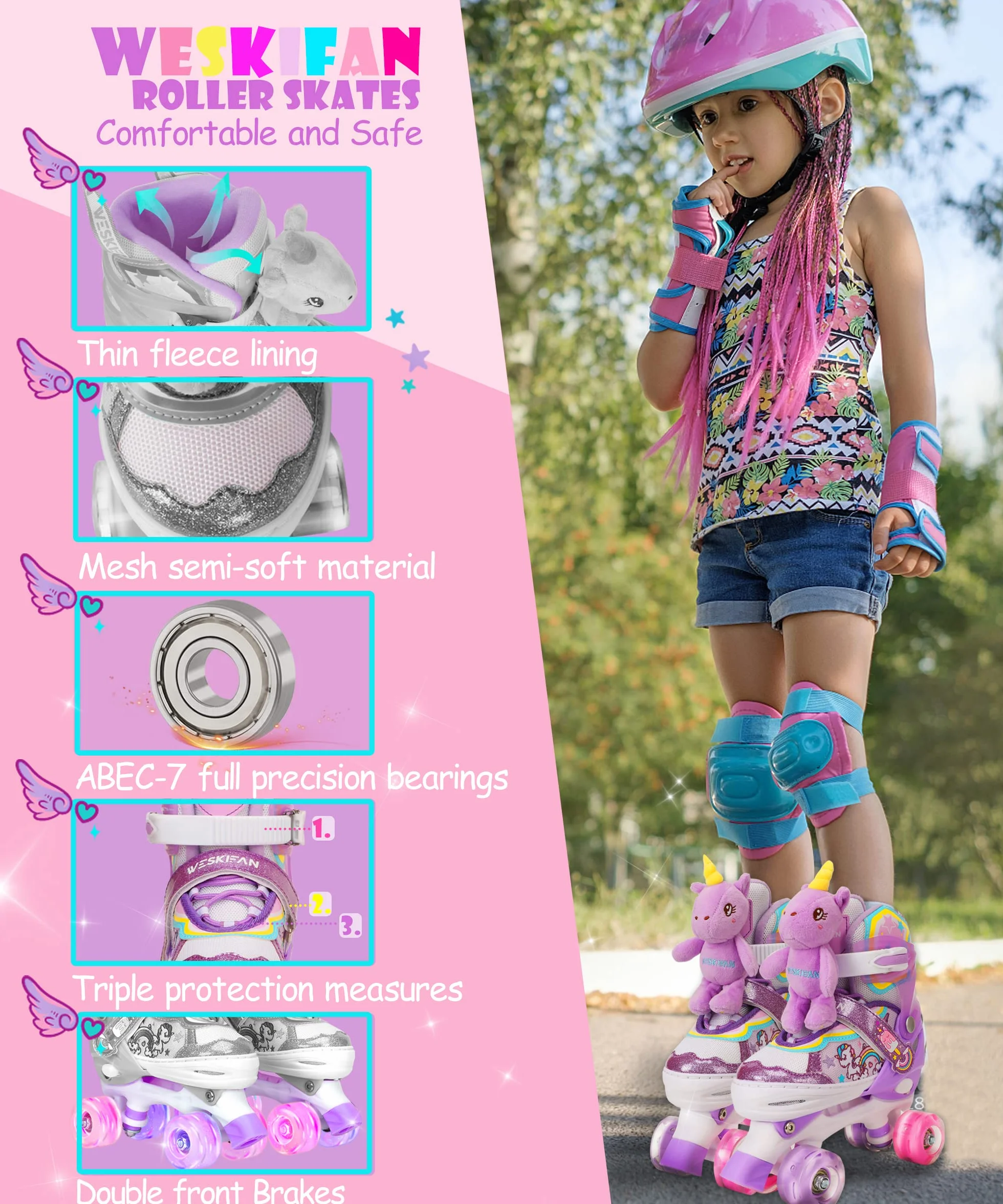 Patins à roulettes Enfant Licorne Roller Quad Ajustable avec Roues Lumineuses Taille Réglable Filles