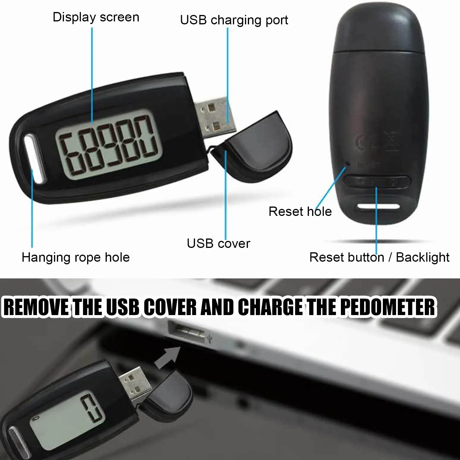 Podomètre 3D rechargeable USB avec clip et sangle, grand écran, suivi des pas précis