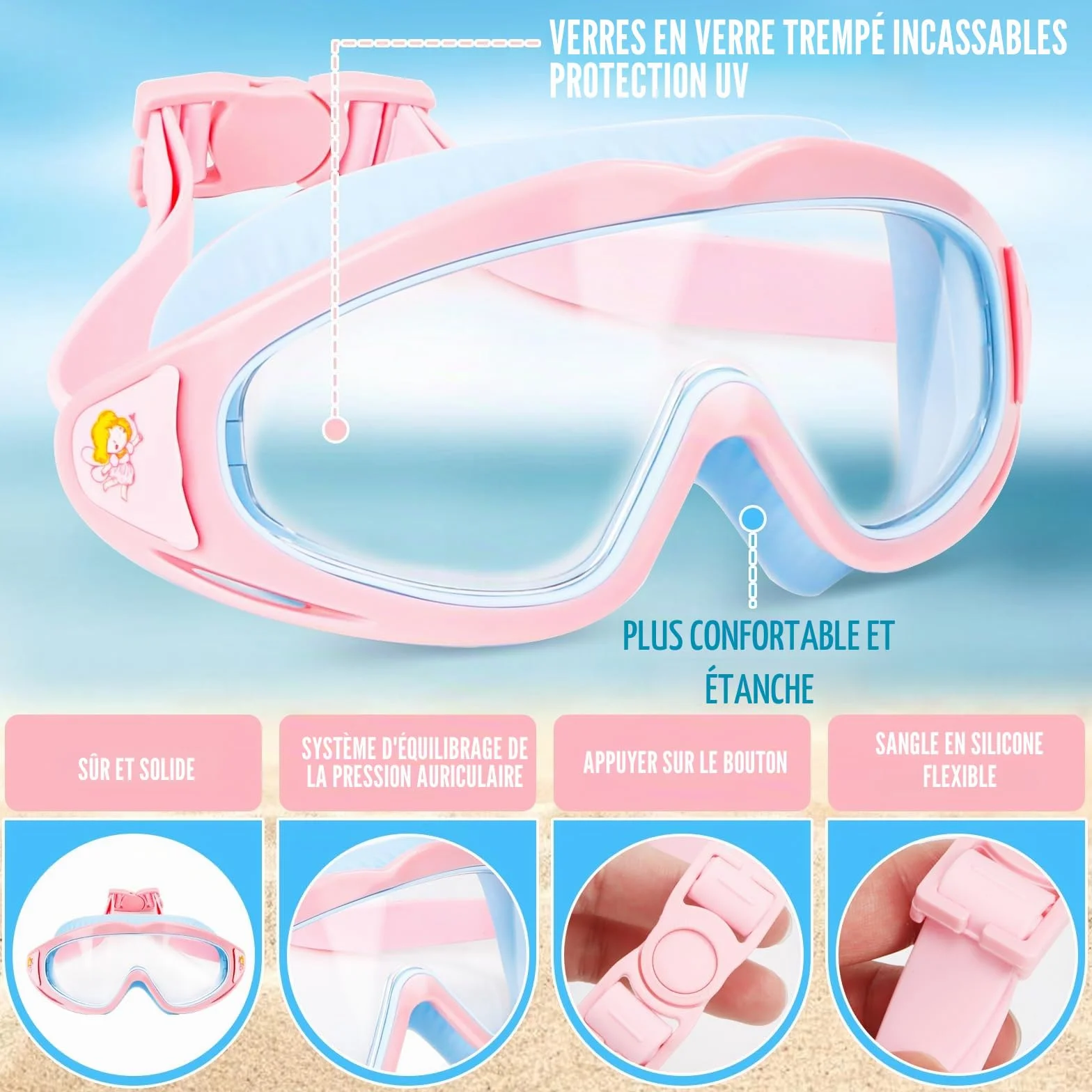 Masque de plongée panoramique 180° anti-buée étanche enfants 3-15 ans garçons filles