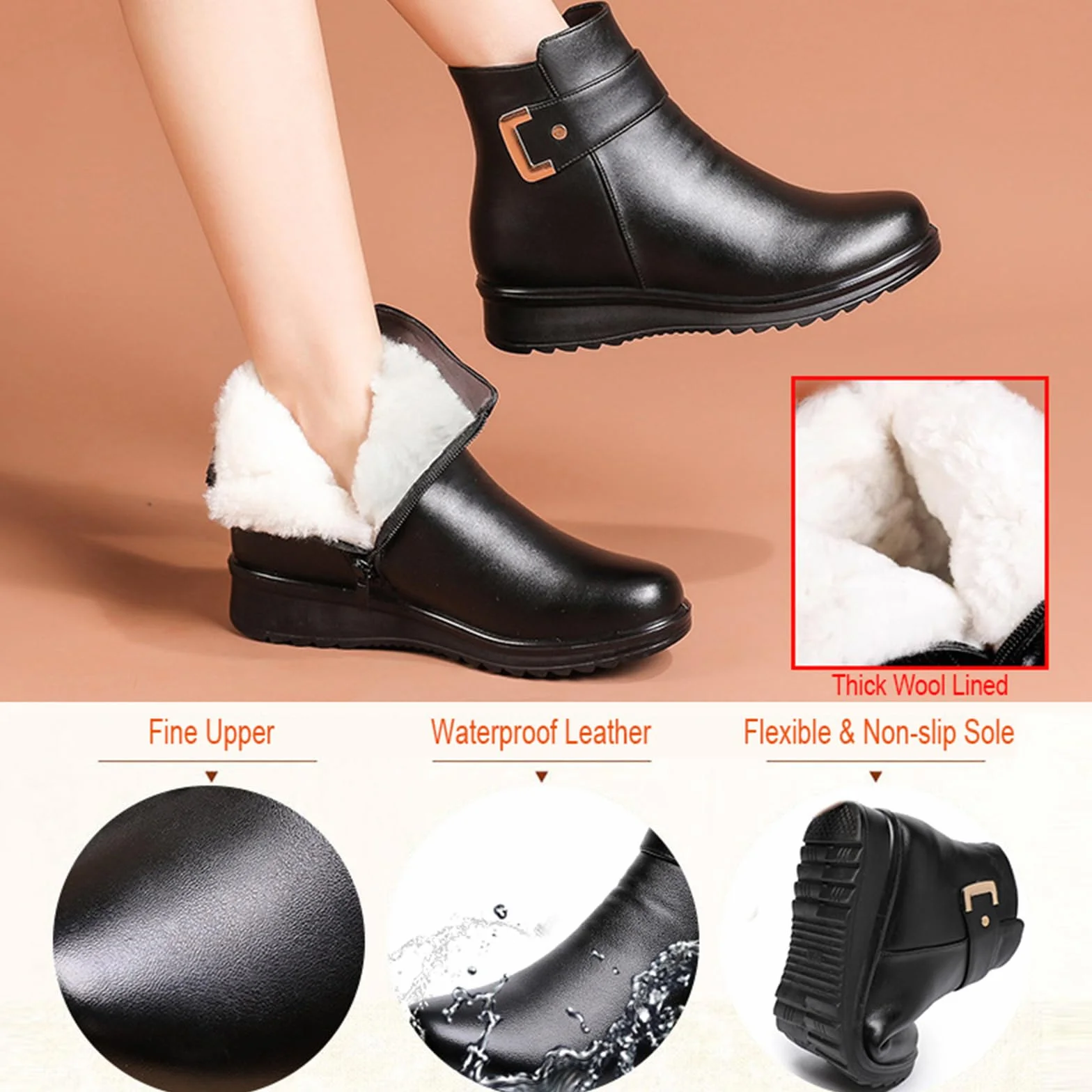 Bottes orthopédiques en cuir véritable femme chaudes antidérapantes velours hiver