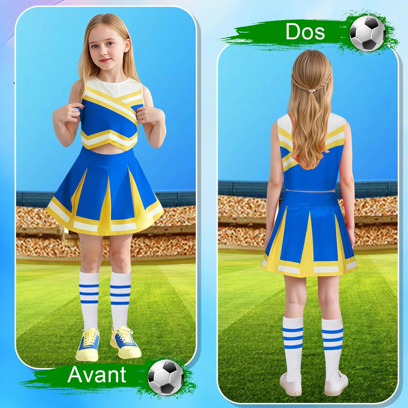 Luckyou Deguisement Cheerleader Uniforme avec Perruques Brillant Pompoms et Nœud pour Carnaval Halloween