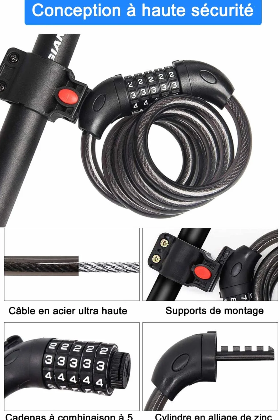 Antivol Velo REHKITTZ 120 cm 12 mm Code Numerique 5 Chiffres Support Vélo