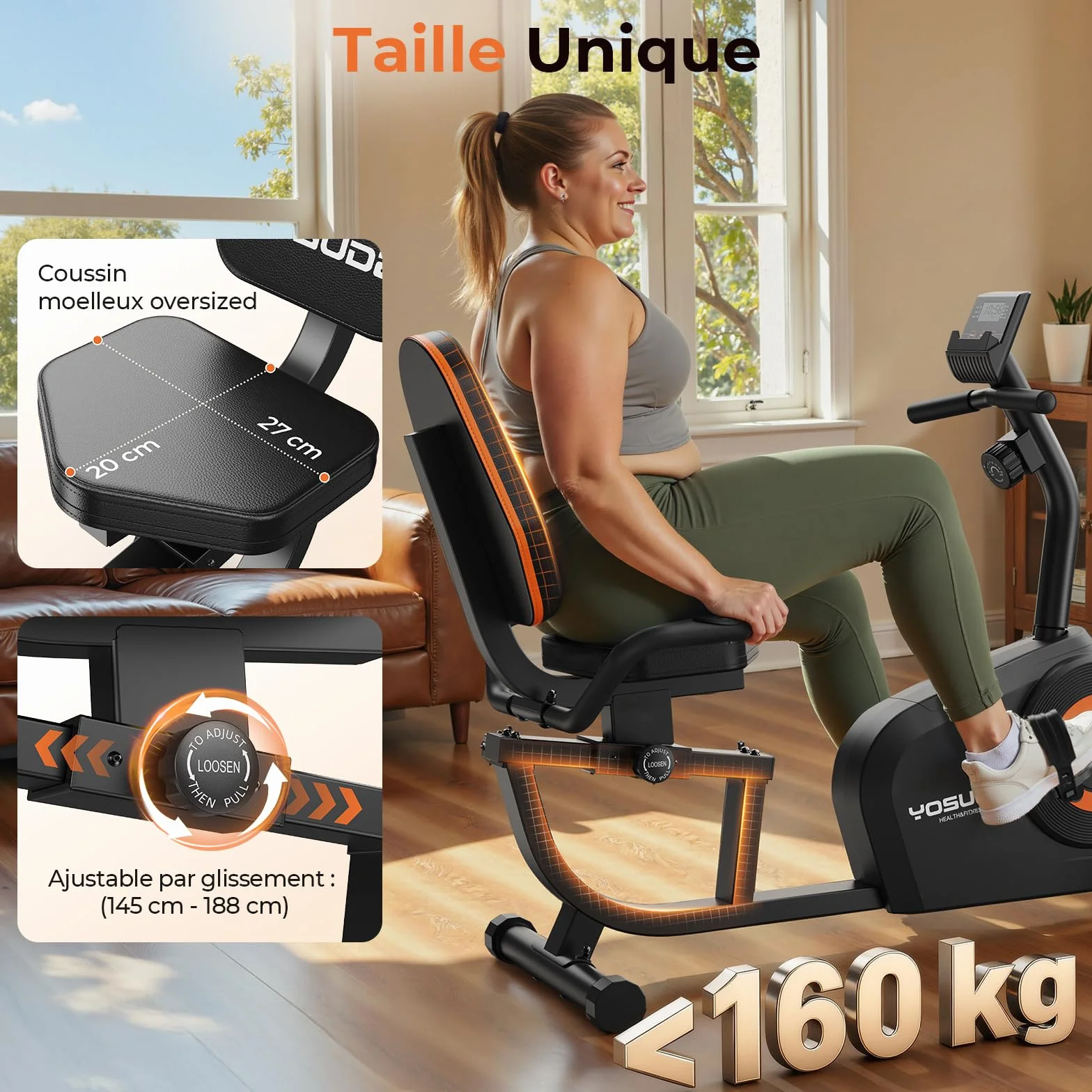 YOSUDA Vélo d'Appartement Semi-Allongé 16 Niveaux Résistance Magnétique Silencieux Capacité 160kg