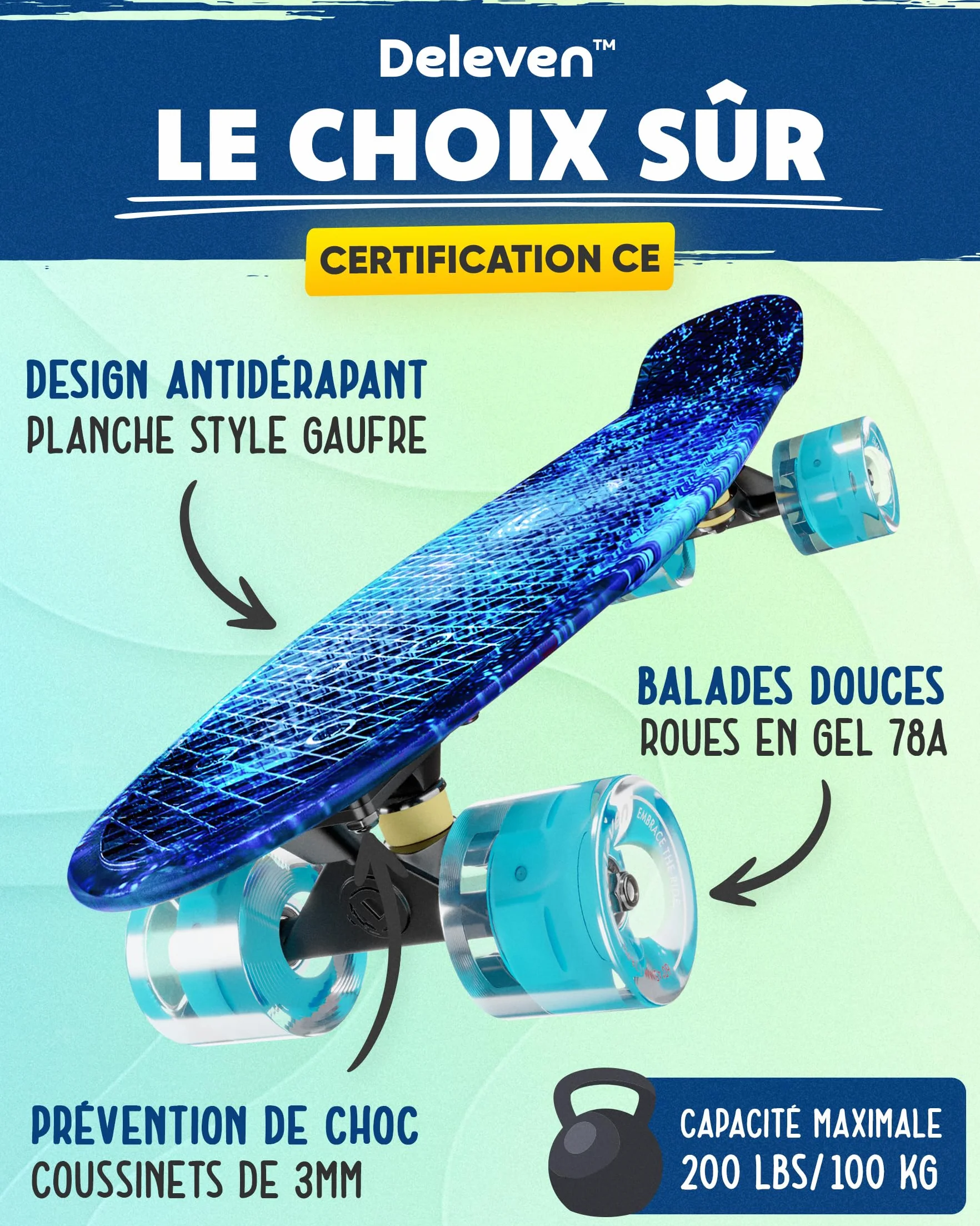 Deleven Skateboard 56cm Roues LED ABEC 7 pour Enfants Débutants