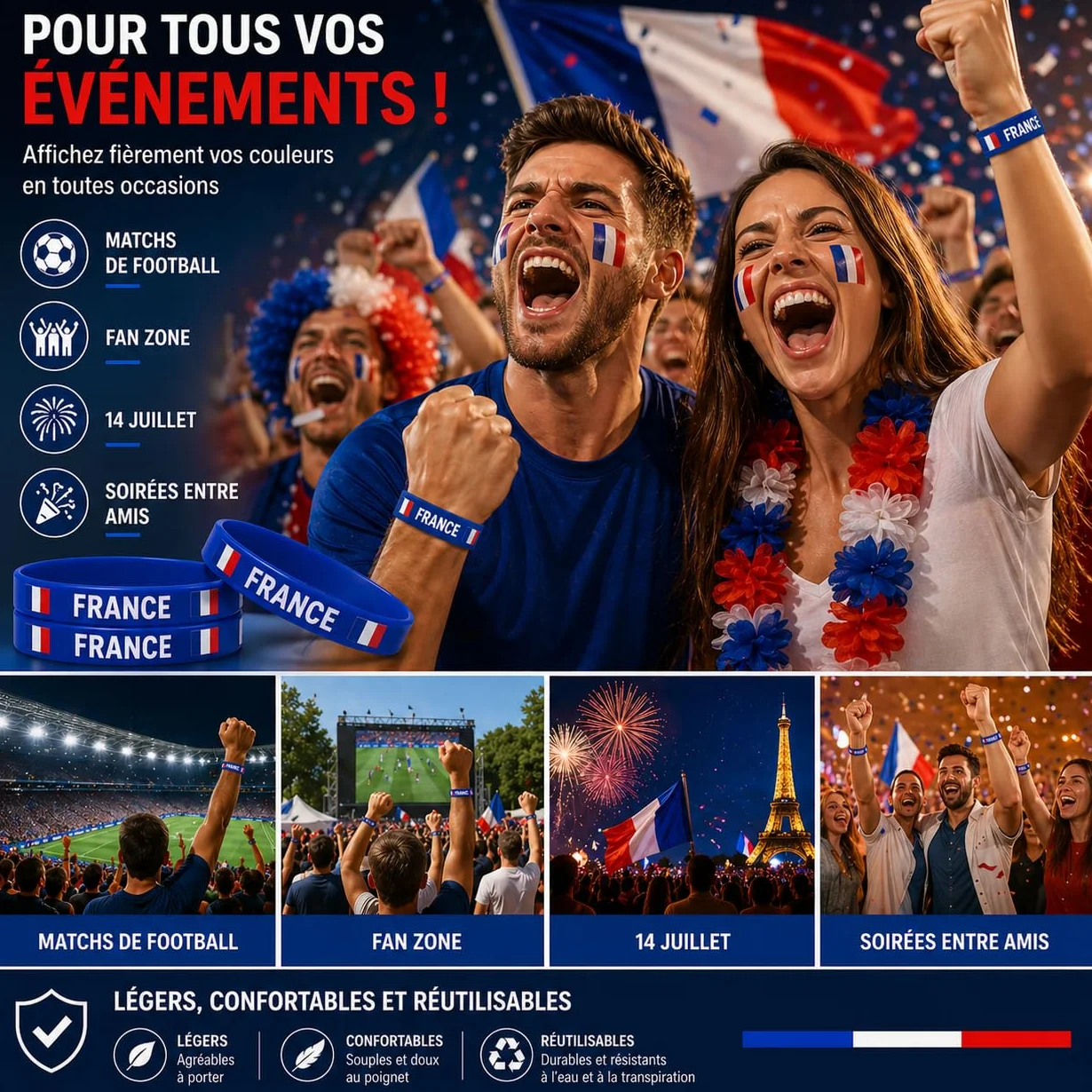 Bracelet Silicone Bleu Drapeau Français Lot de 5 – Supporter Coupe du Monde Football 14 Juillet