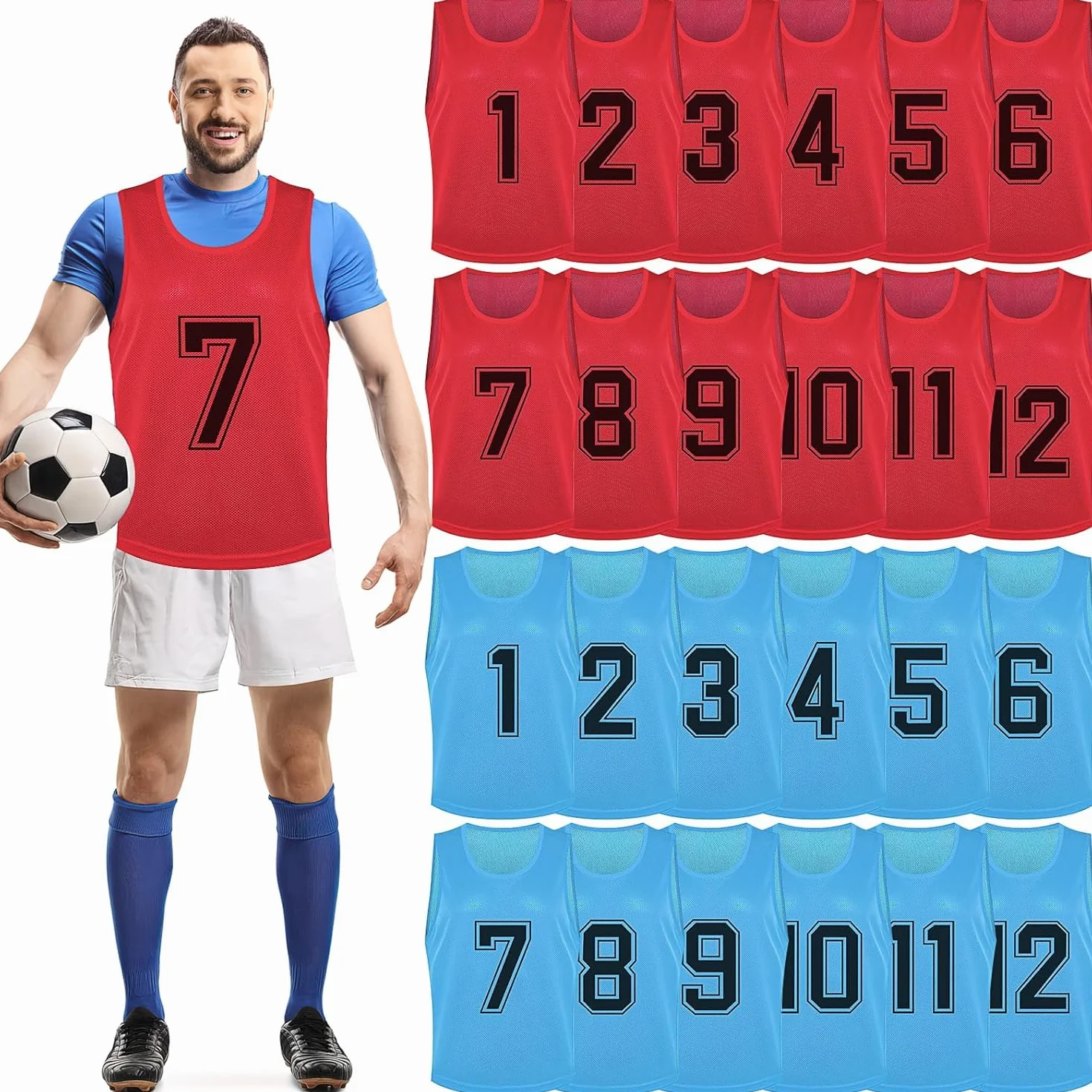 Lot de 24 chasubles d'entraînement en maille nylon réversibles numérotées pour adultes basket-ball football soccer