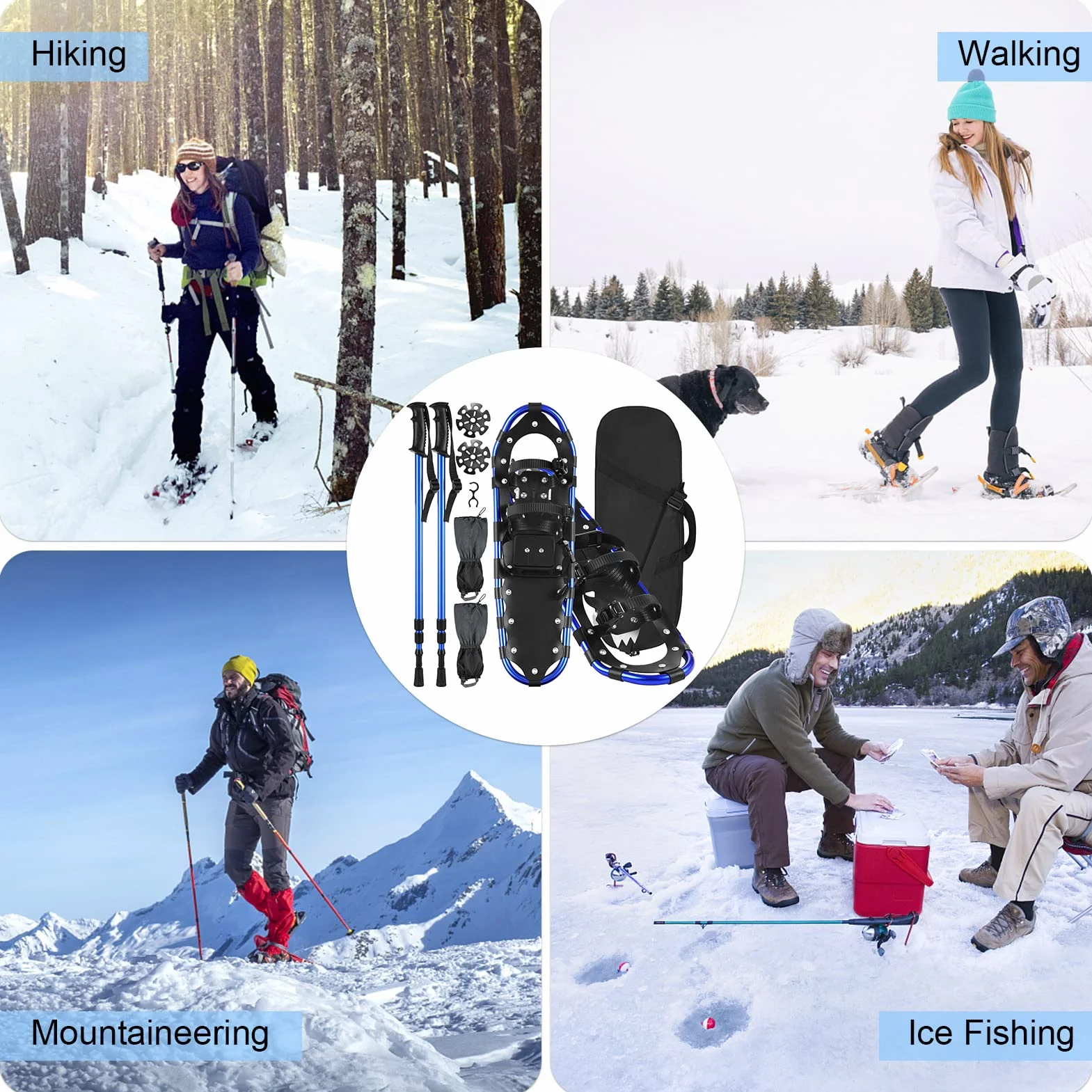 Raquettes à neige en aluminium avec bâtons de trekking réglables, guêtres et sac 13-30 pouces adulte enfant
