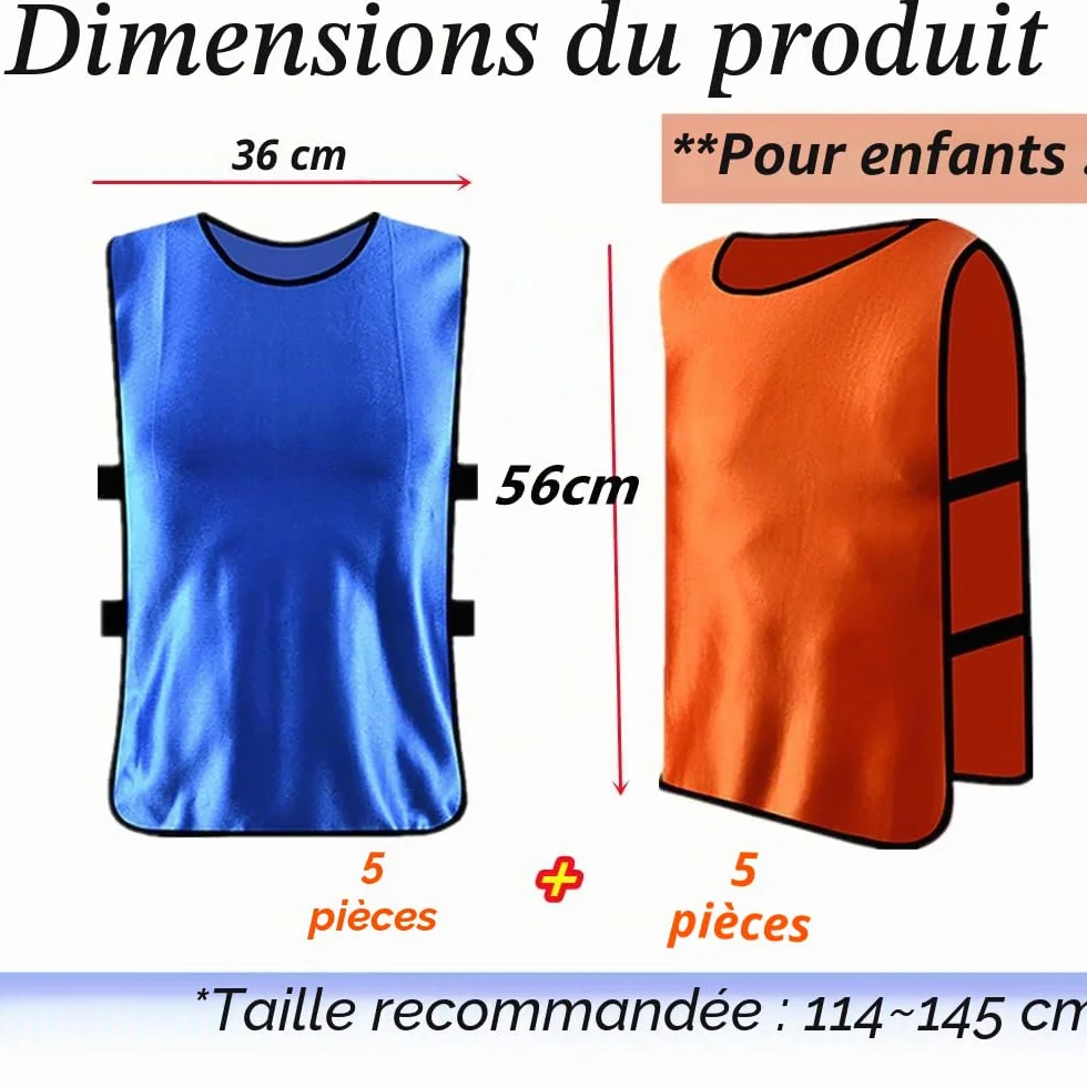 Chasubles d’Entraînement Sport Enfants 36x56 cm Football Rugby Hockey Lot de 10 Orange Bleu