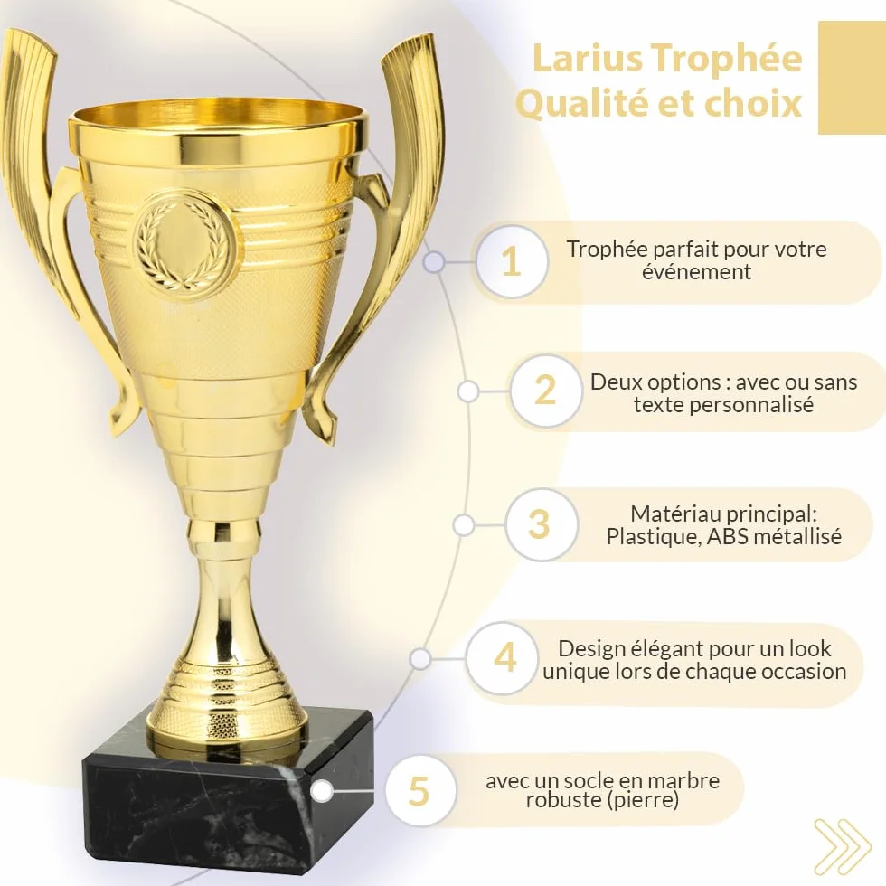 Larius Coupe 22 cm 415 g Trophée élégant universel socle marbre personnalisable sport école compétitions récompenses
