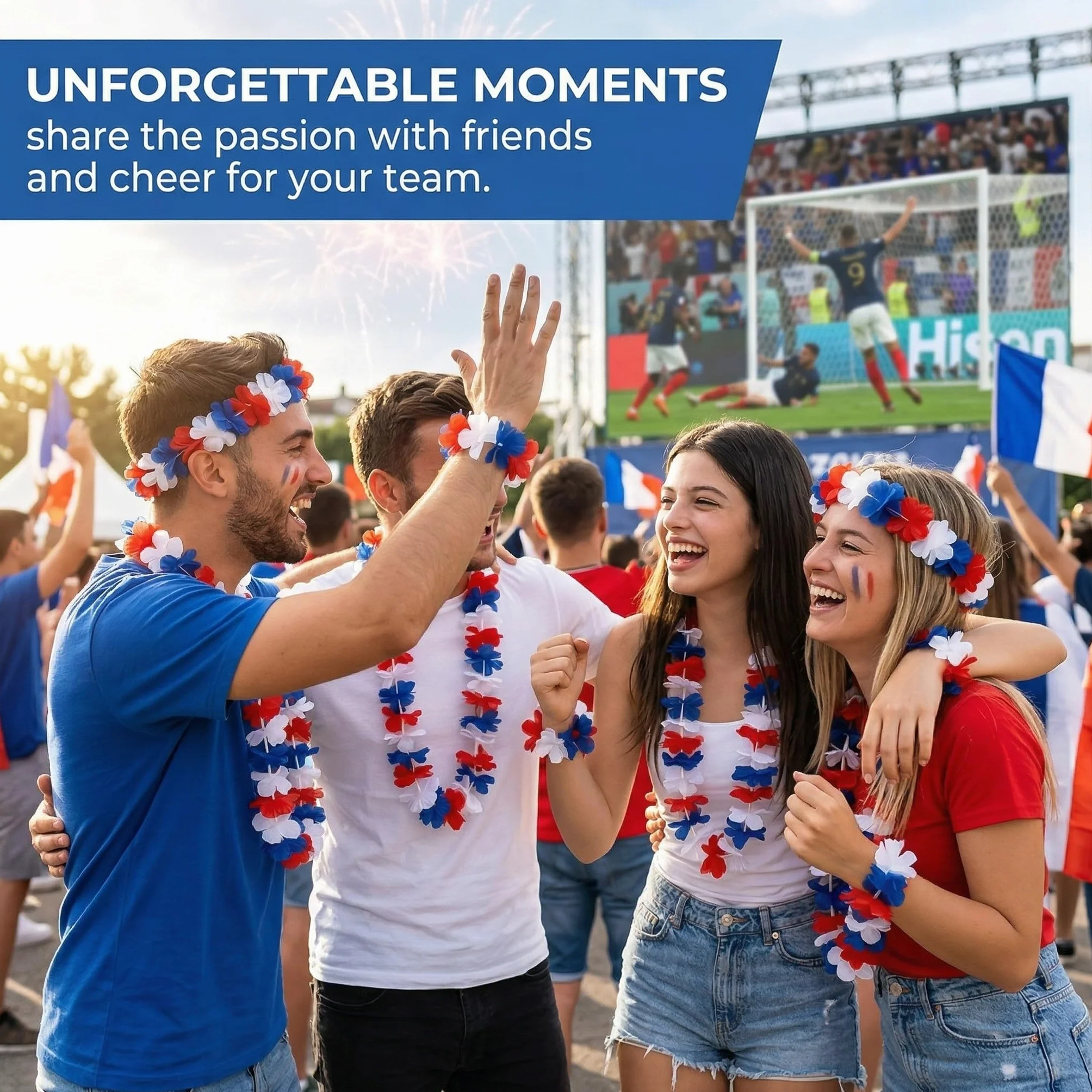 Guirlandes hawaïennes France Bleu Blanc Rouge - Bandeau, Collier, Bracelet - Décoration Coupe du Monde 2026 Football