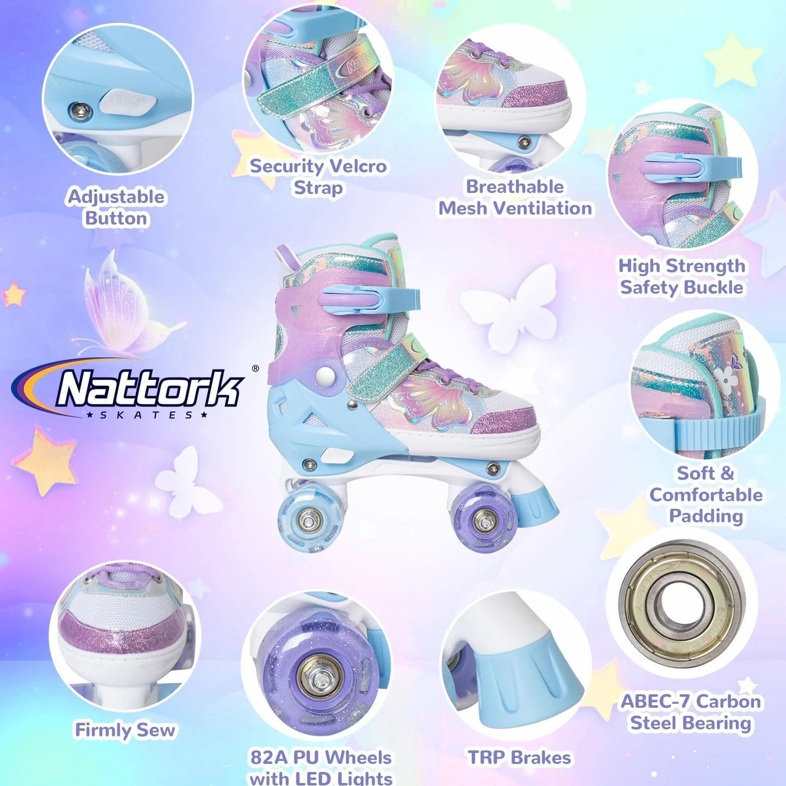 Patins à roulettes réglables filles garçons 4 tailles motif papillon fleur roues lumineuses