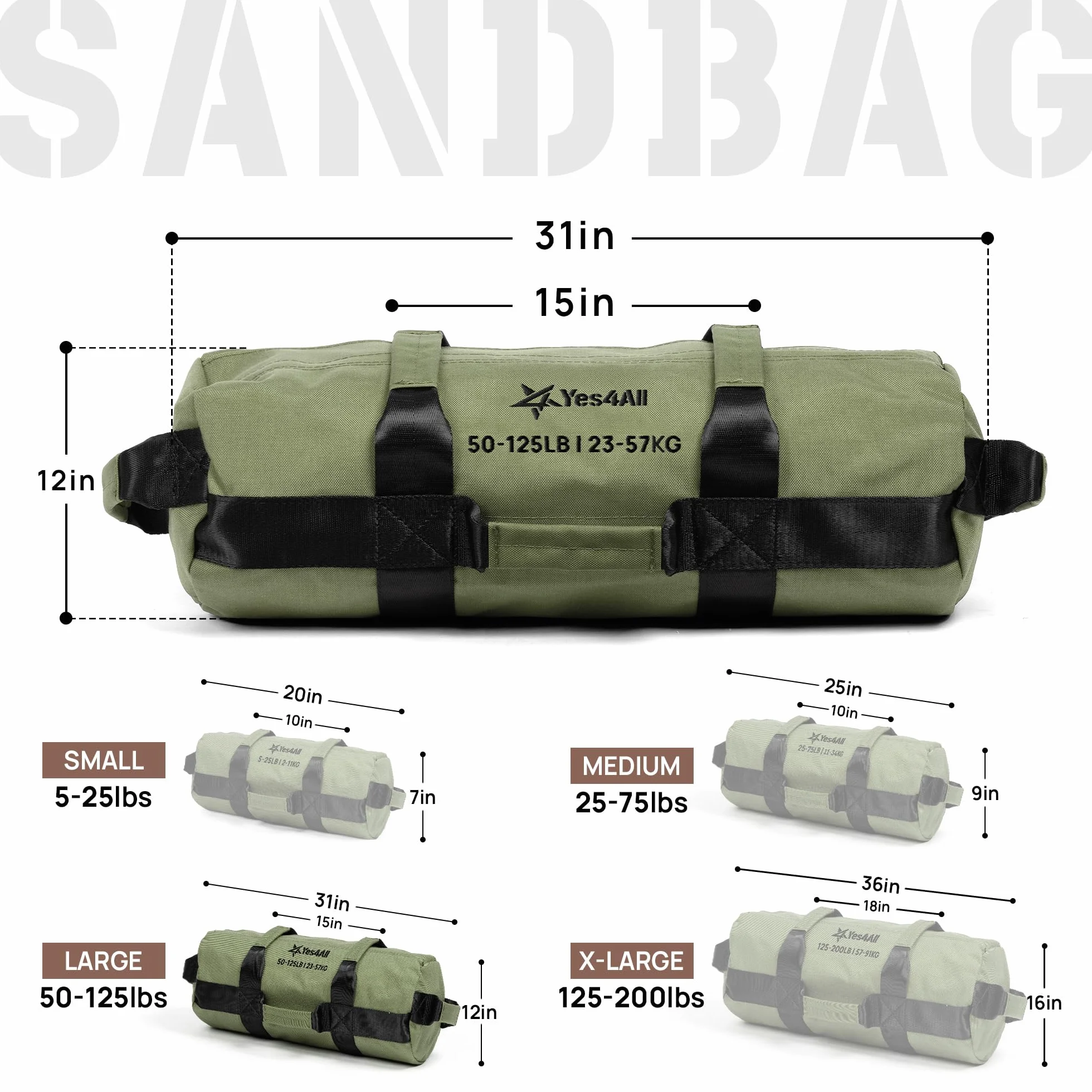 Yes4All Sac de Sable Réglable 7 poignées Power Bag Carolous 2-90 kg Non rempli pour Entraînement Fonctionnel Rucking Crossfit