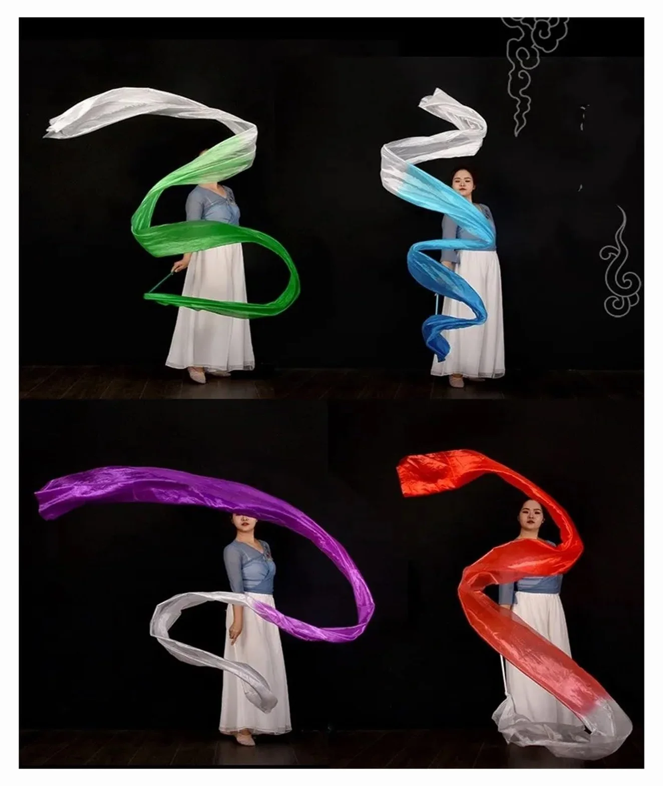 Banderole de Danse en Polyester à Fleurs, Rubans de Gymnastique Rythmique, Bleu Blanc