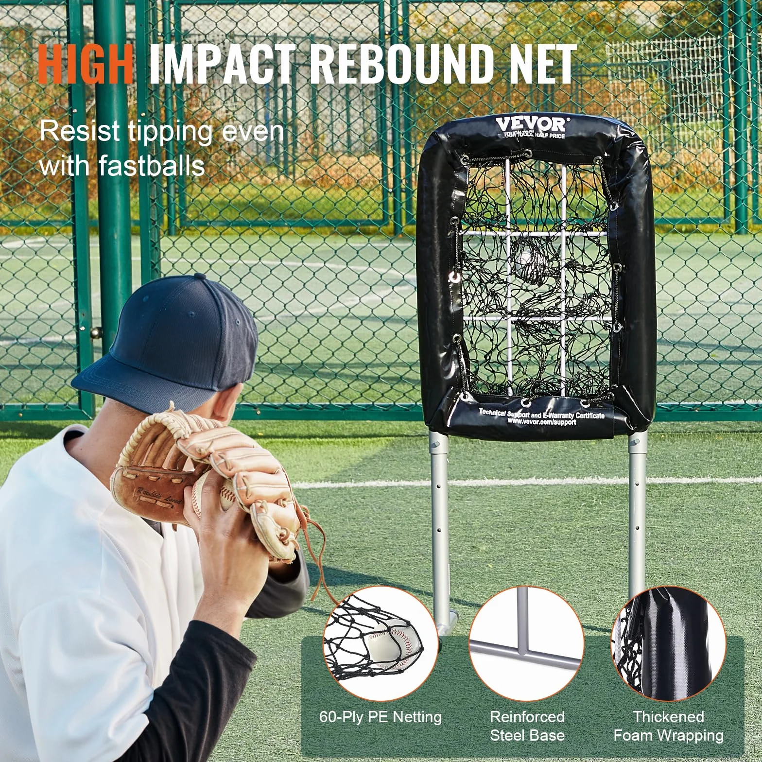 VEVOR Filet d'Entraînement Baseball Softball Pickleball 9 Trous 50,8 x 74 cm Portable Hauteur Réglable 3 Niveaux