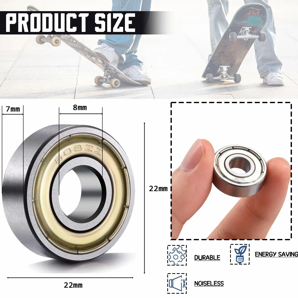 Roulements 608 ZZ 8x22x7 mm Acier Carbone Double Blindage pour Skateboard Longboard