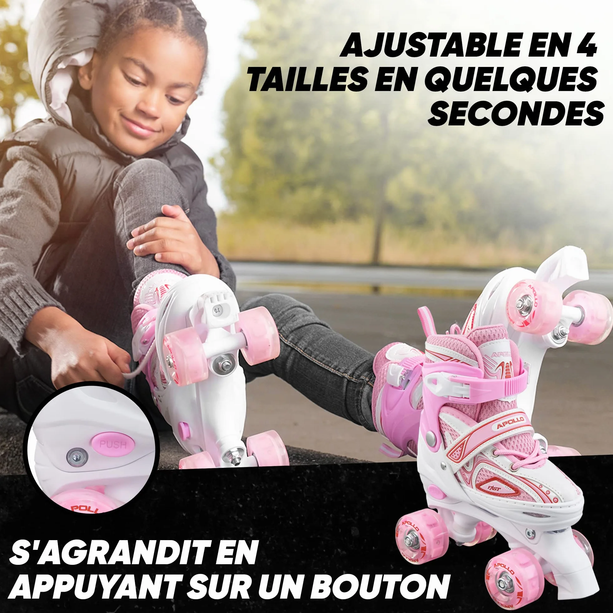 Apollo Super Quad X Pro Patins à roulettes LED Enfants Débutants